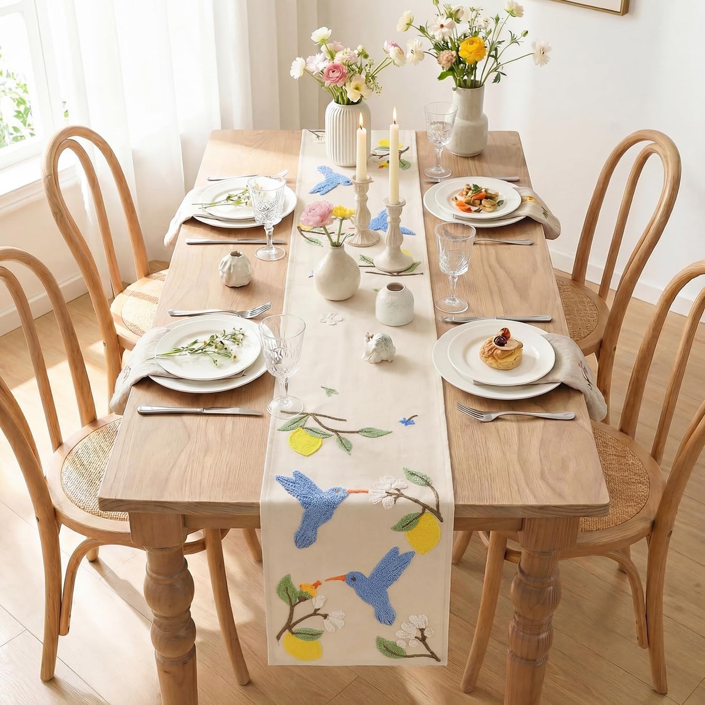 Artoid Mode Beige Soft Chain Embroidery Flower Bird Lemon Spring Table Runner, Seasonal Summer Kitchen Dining Table Decoration for Home Party Decor 13x72 Inch