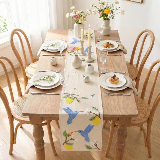 Artoid Mode Beige Soft Chain Embroidery Flower Bird Lemon Spring Table Runner, Seasonal Summer Kitchen Dining Table Decoration for Home Party Decor 13x72 Inch