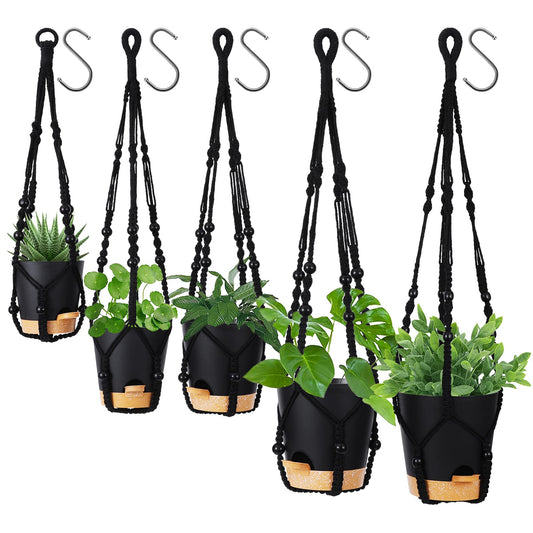 GARDIFE Hanging Planters for Indoor Plants,5Pcs Hanging Basket for Indoor Boho Home Decor,Macrame Plant Hanger,35 Inches,29Inch,23Inch, Ivory,Self Watering Planters, 7/6.5/6/5.5/5 Inch,Black&Black