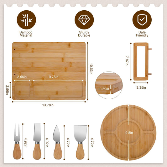 TURIMON Bamboo Charcuterie Board Set - Cheese Serving Platter with 4 Stainless Steel Knives and Fruit Tray - Elegant Cheese Board for Parties, Weddings, and Home Entertaining