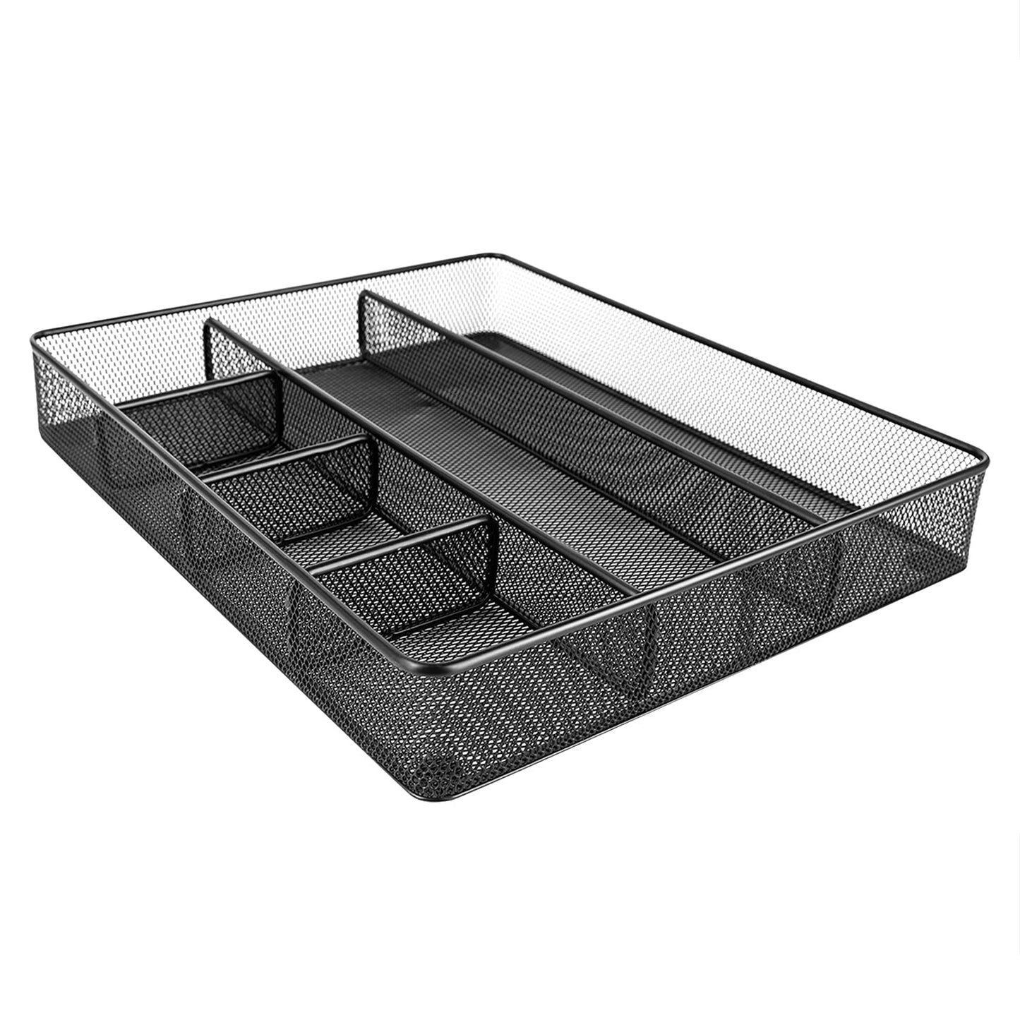 Amazon Basics Metal Mesh Desk Organizer with 6 Compartments, Anti-Slip Pen Holder Storage Tray for Office Supplies and Home, Black