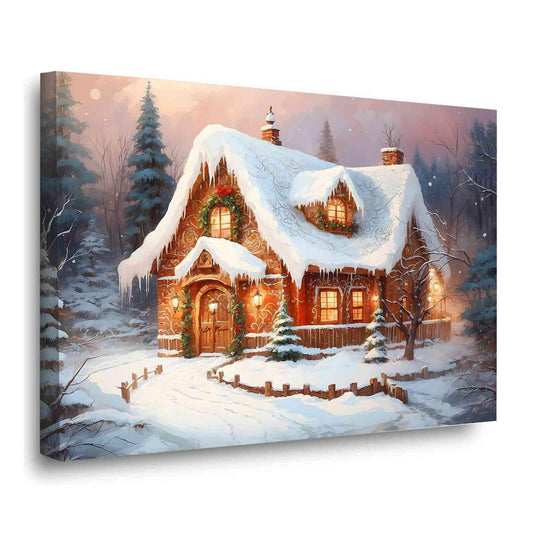 Framed Canvas Wall Art Christmas Gingerbread House Art Print Vintage Print Christmas Holiday Decor 28x40in Wood Framed