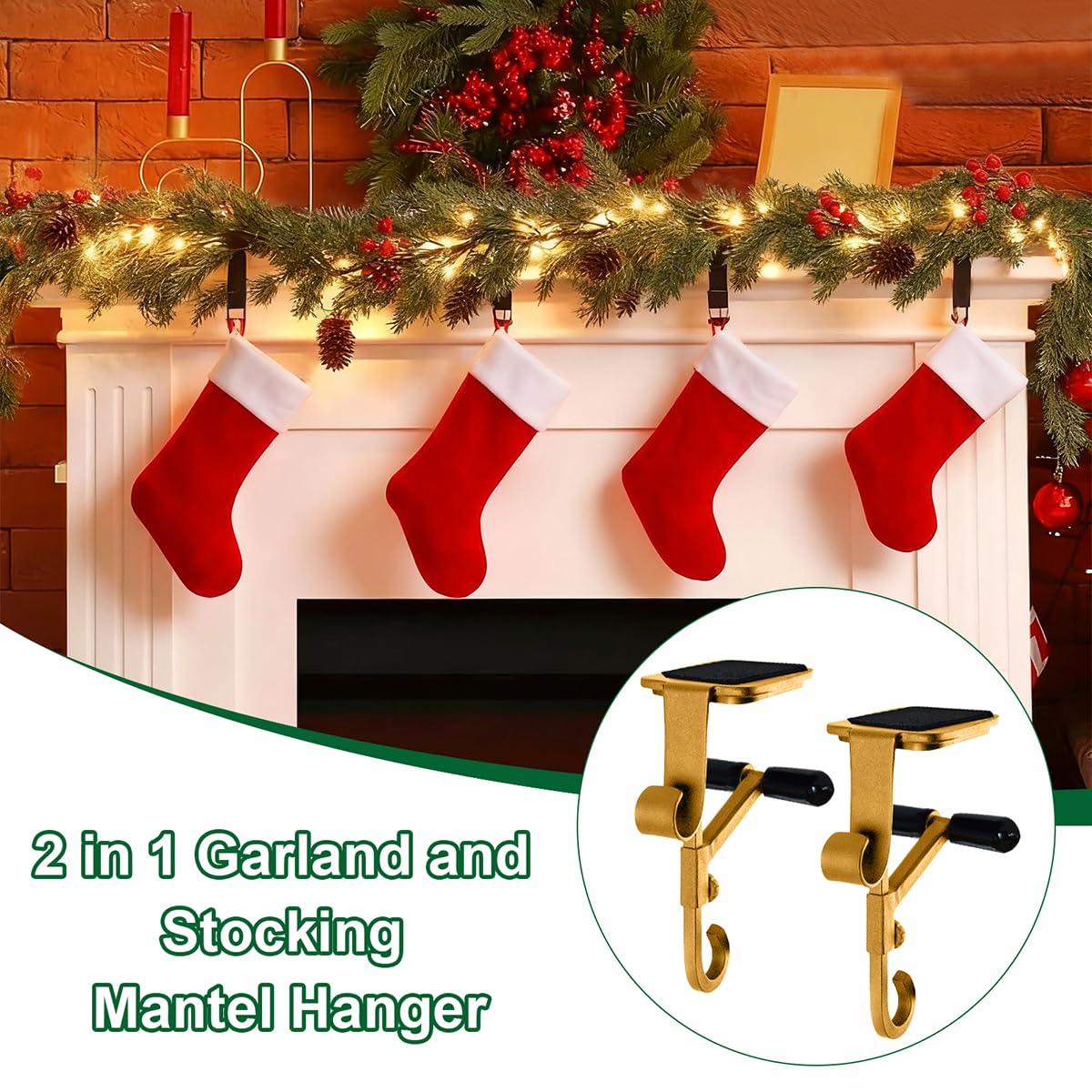 ATRGDUE Fireplace Stocking and Garland Hanger with Two Hooks,Adjustable Mantle Holder- Hold Christmas Decoration and Hang Garland-No Drill,Durable Wrought Iron Holds Up to 20 lbs(3Pcs,Gold)