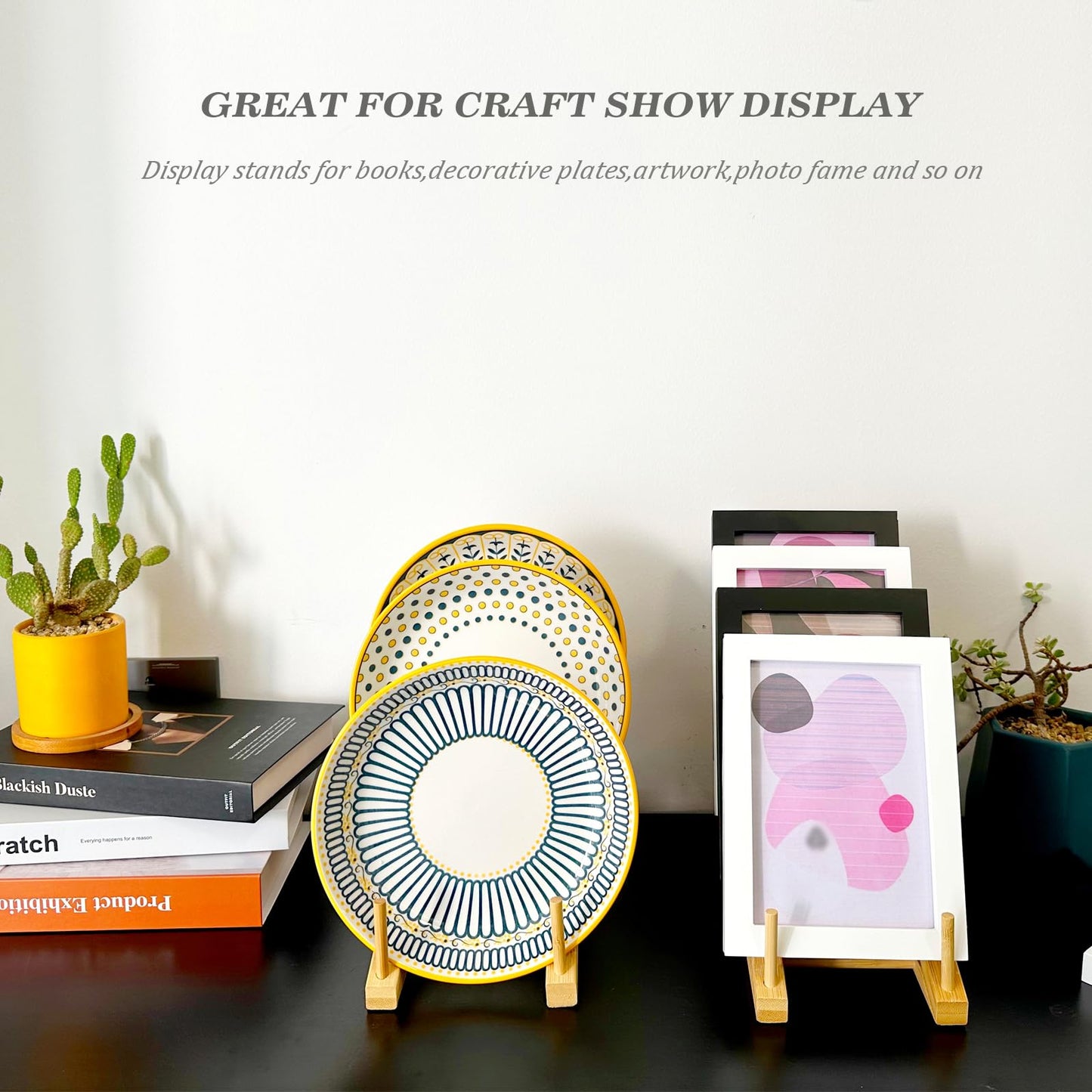SRYESA 5 Pack Plate Stands For Display,Wooden Multi Plate Holder Cabinet Organizer, 5-Tier Craft Show Vendor Counter Display Rack For Tabletop Book, Art prints, and Platter