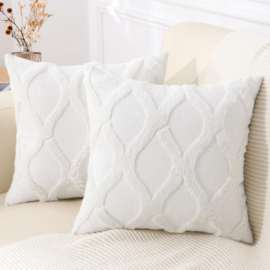 decorUhome Summer Throw Pillow Covers 18x18 Inch Set of 2, Soft Plush Faux Fur Wool Cream White Accent Couch Pillow Covers for Modern Farmhouse Bed Sofa Living Room
