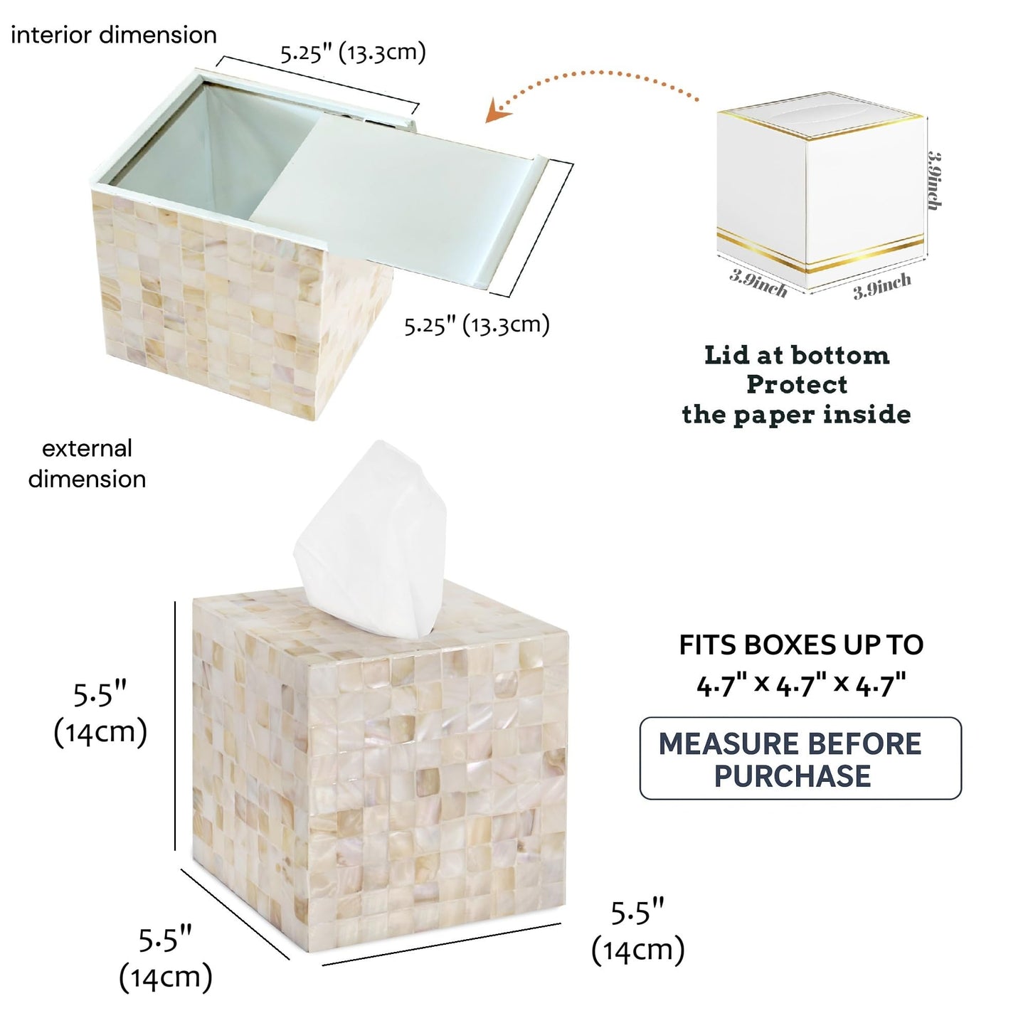 PEMAR Handcrafted Wooden Tissue Box Cover for Small Cube Tissue Boxes Only (Max Inner Size 4.7”) – Mother of Pearl Inlay Decorative Tissue Holder for Bathroom, Living Room & Office (White Sand)