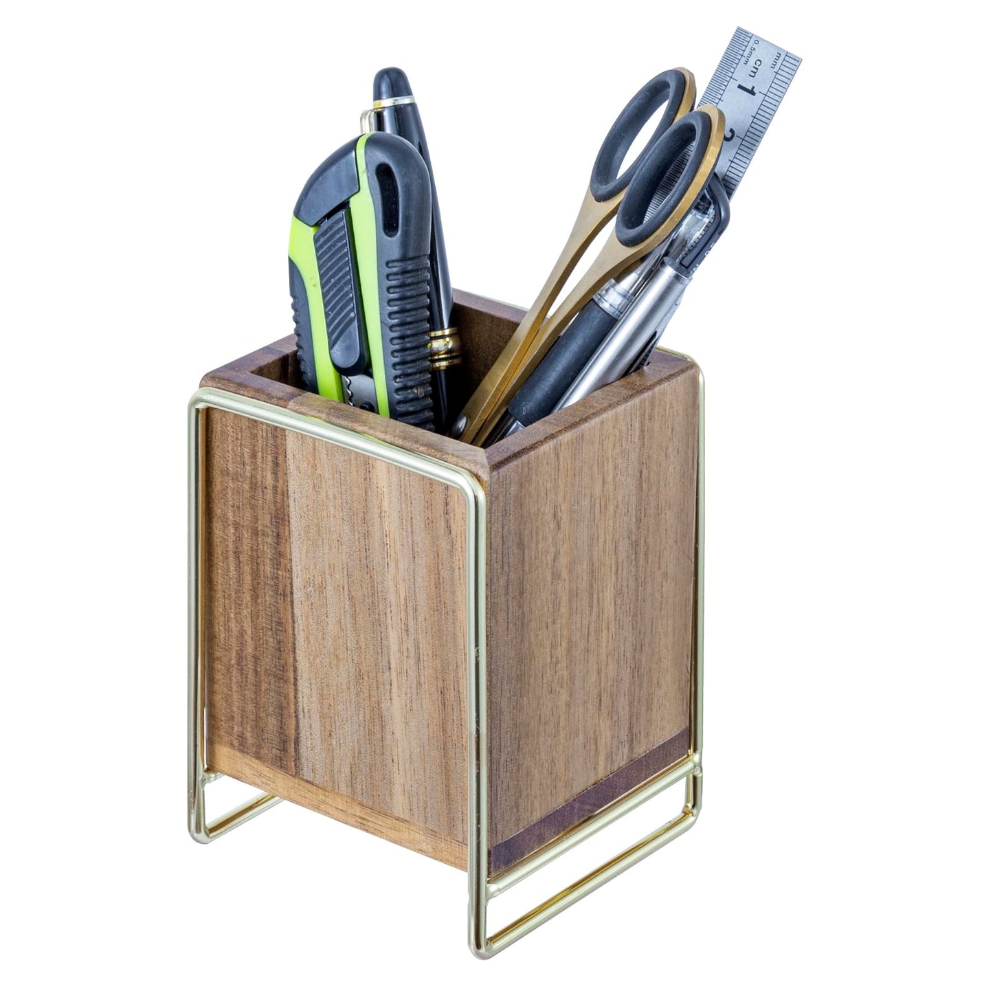 MyGift 3 Inch Modern Premium Solid Acacia Wood and Brass Tone Metal Wire Desktop Pencil Cup, Wooden Tabletop Pen Holder, Office Desk Stationery