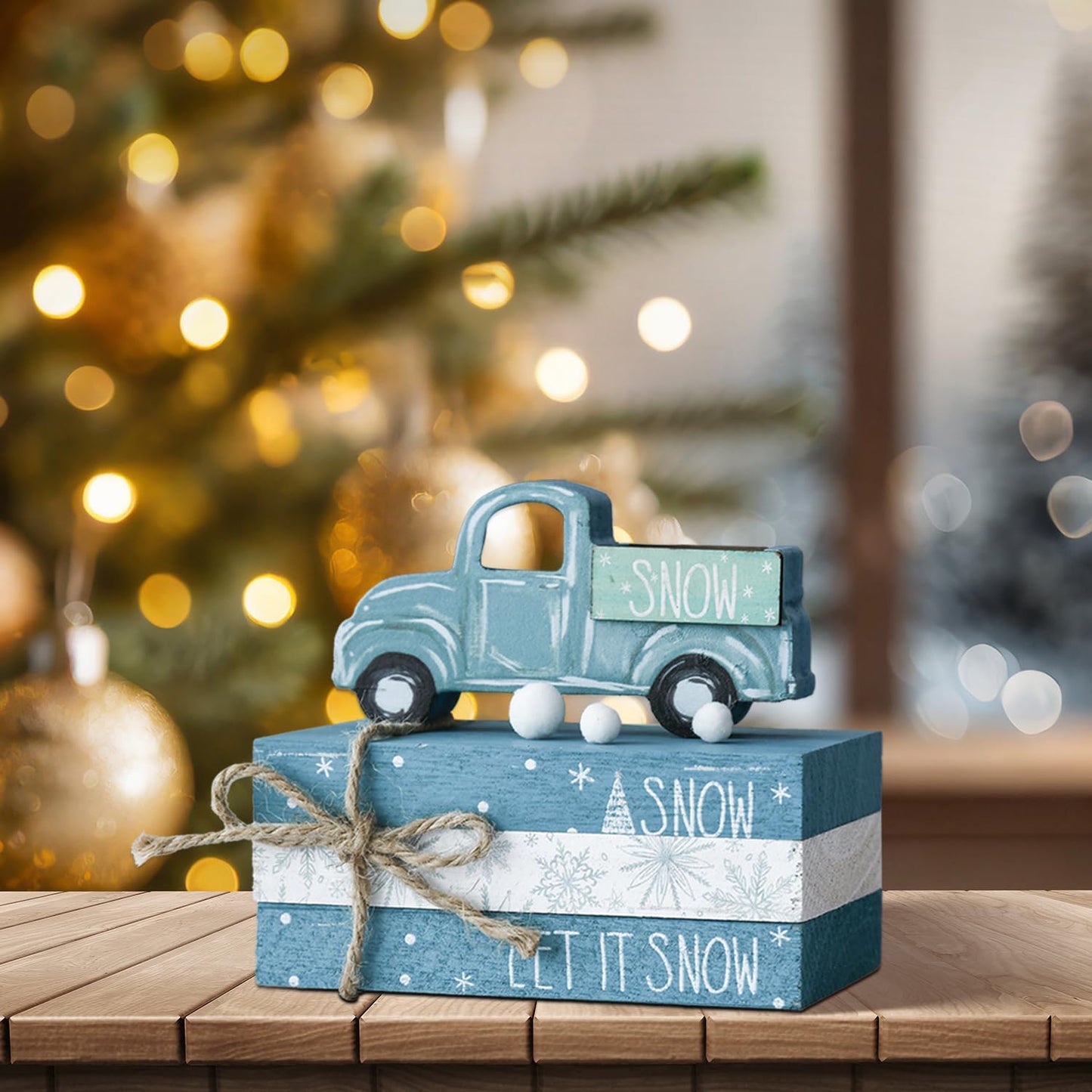 Smile Christmas Wooden Books Stack, Let it Snow Faux Books Bundle, Car Tiered Tray Decorations, for Home Table Mantle Shelf.