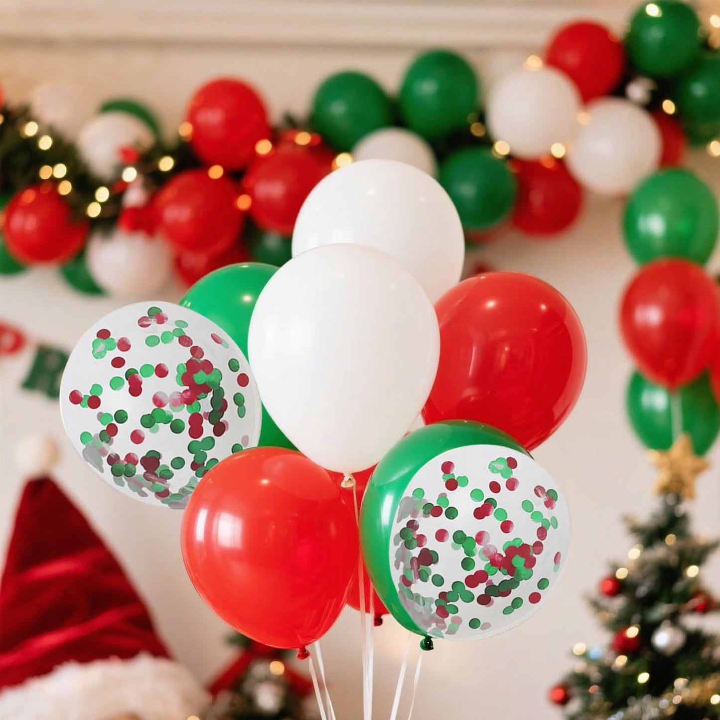 Red White Green 12inch Balloons with Confetti Balloons for Wedding, Birthday, Baby Shower, Christmas, Family Parties Decoration(55Pcs)
