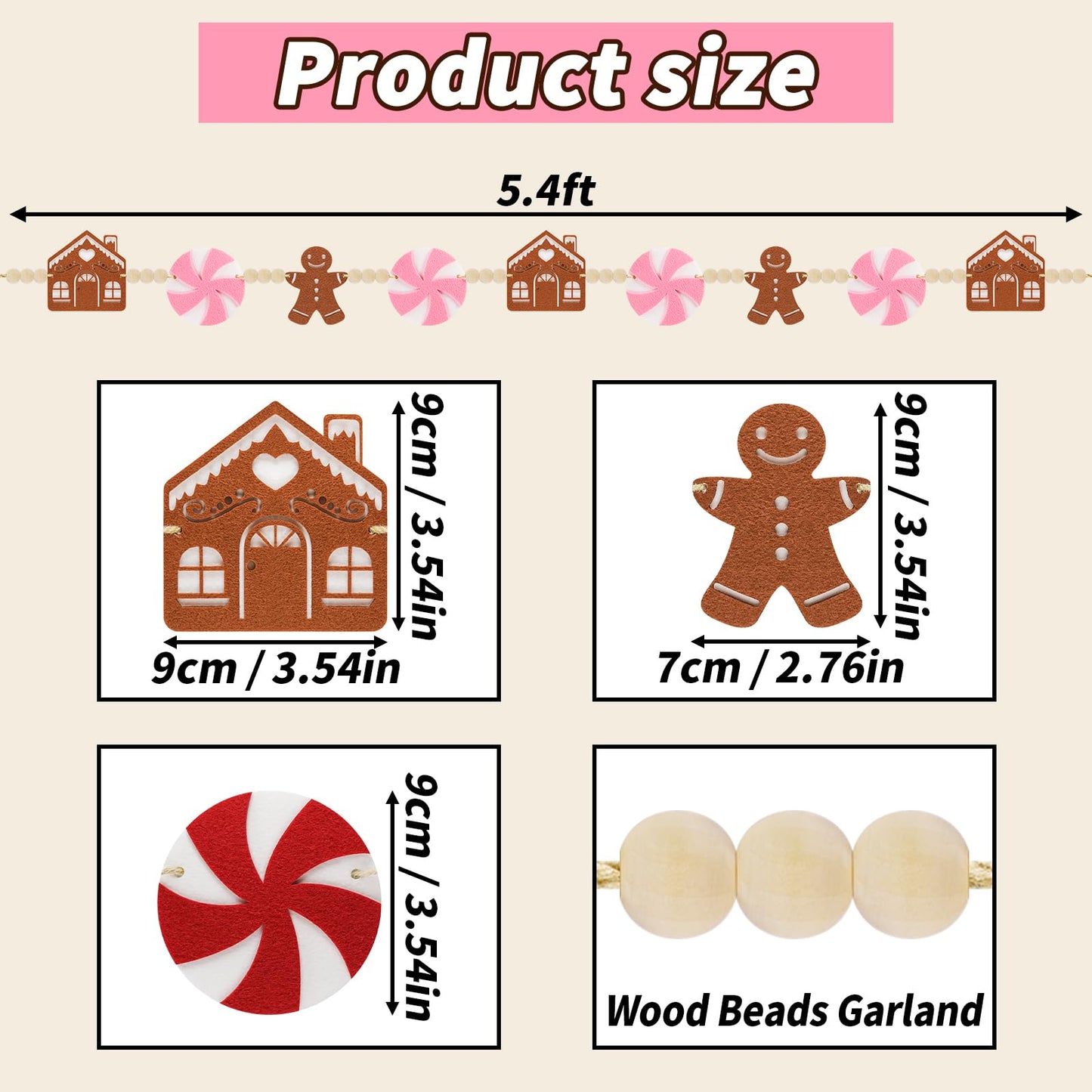 KnomeKo 6Ft Pink Christmas Garland - Pink Candyland Christmas Ornaments Felt Gingerbread House with Wood Beads - Christmas Gingerbread Decor for Mantle, Wall, Tree, Indoor