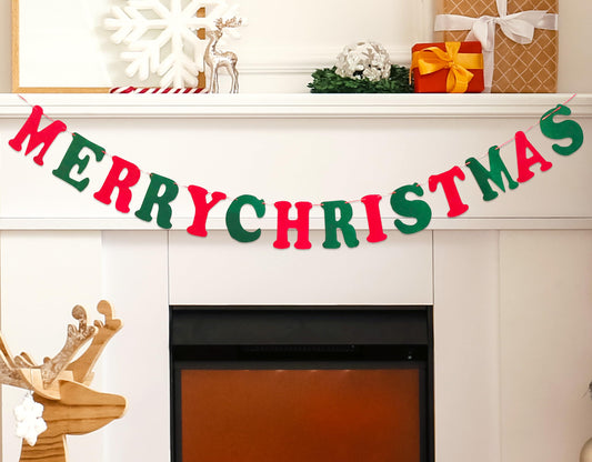 JSDJ Merry Christmas Banner Red Green Wool Felt Garland Christmas Decorations Indoor Happy Holiday Decorations Cute Hanging Decor for Mantel Fireplace Wall, Kids Bedroom, Living Room,Party Supplies