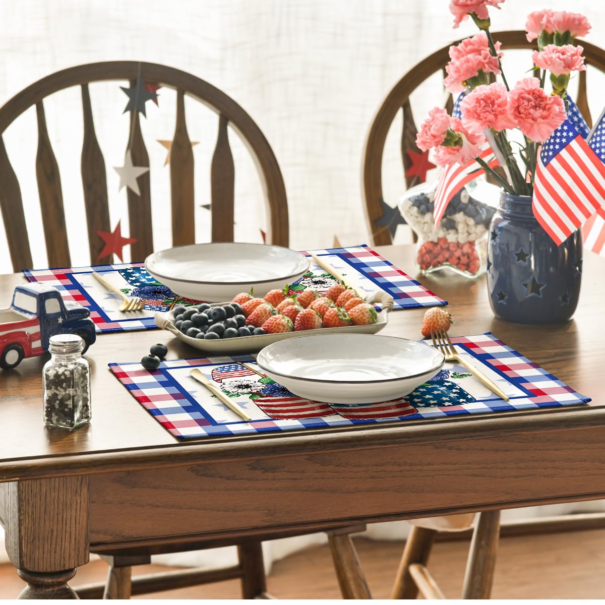 Artoid Mode Buffalo Plaid Vases Flowers 4th of July Placemats Set of 4, 12x18 Inch Seasonal Holiday Table Mats for Party Kitchen Dining Decoration