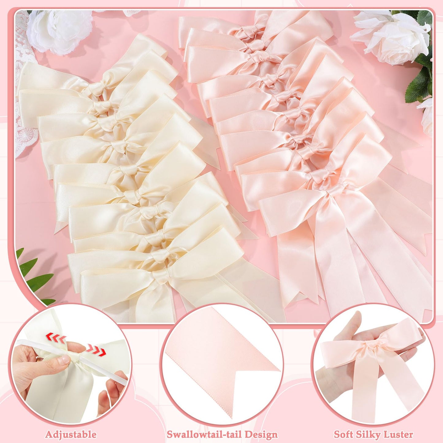 NatNarr 2 Pcs White and Pink Bow Garland, Satin Ribbon Valentines Day Decorations Pre-Strung Bow Garland Party Banner for Wedding Birthday Baby Bridal Shower