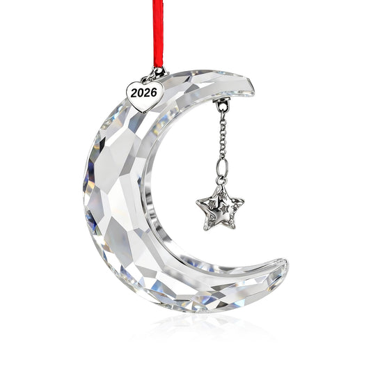 H&D HYALINE & DORA 2026 Christmas Moon Ornament Crystal Christmas Moon Hanging Ornament Clear Crystal Suncatcher Ornament for Xmas Winter Party Home Decor