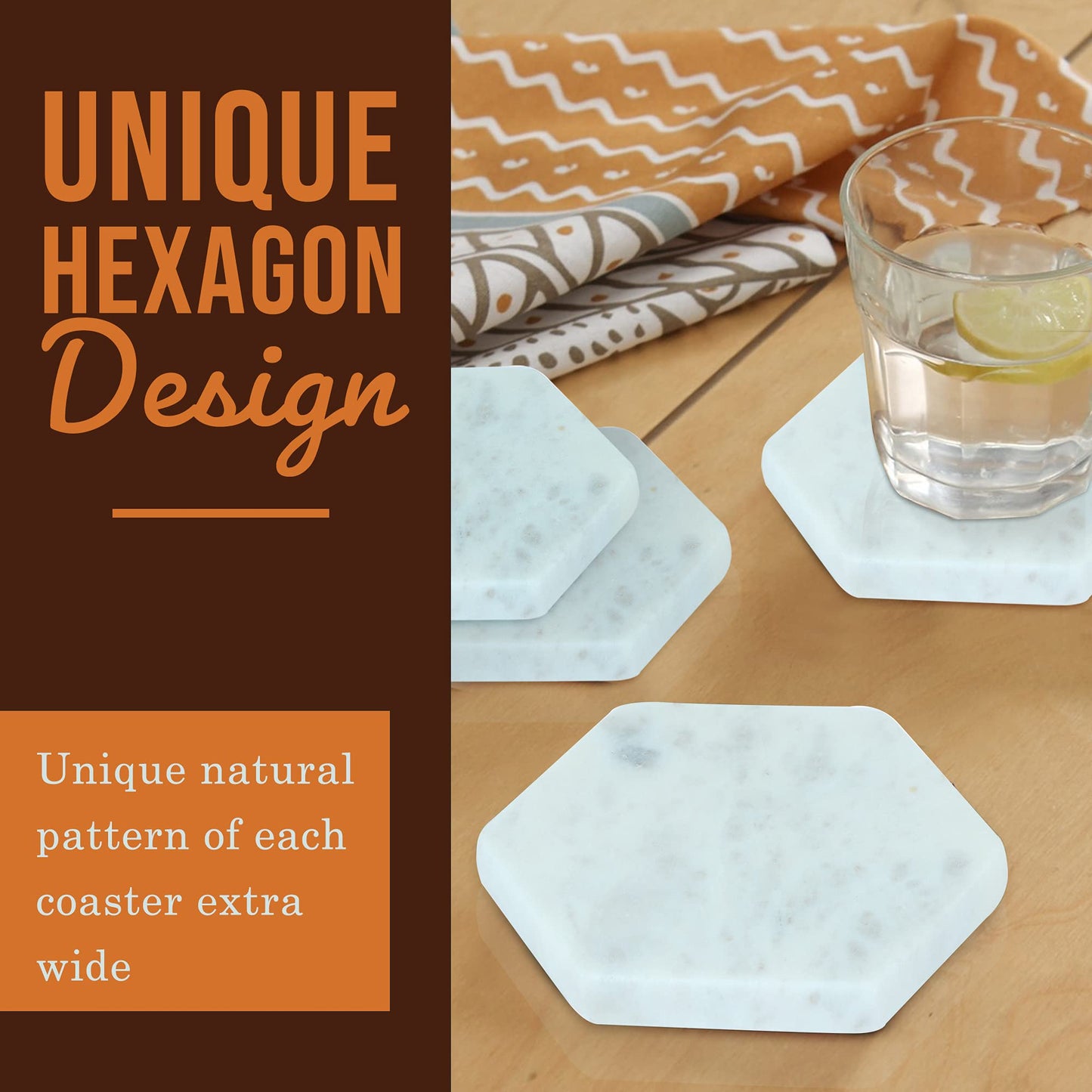 LAVAUX DESIGNS Set of 6 Hexagon Marble Coasters | White Decor for Modern Homes | Drink Coasters for Coffee Table, Dining, Bar or Office| Made from 100% Solid Real Marble | Cute Stone Coasters