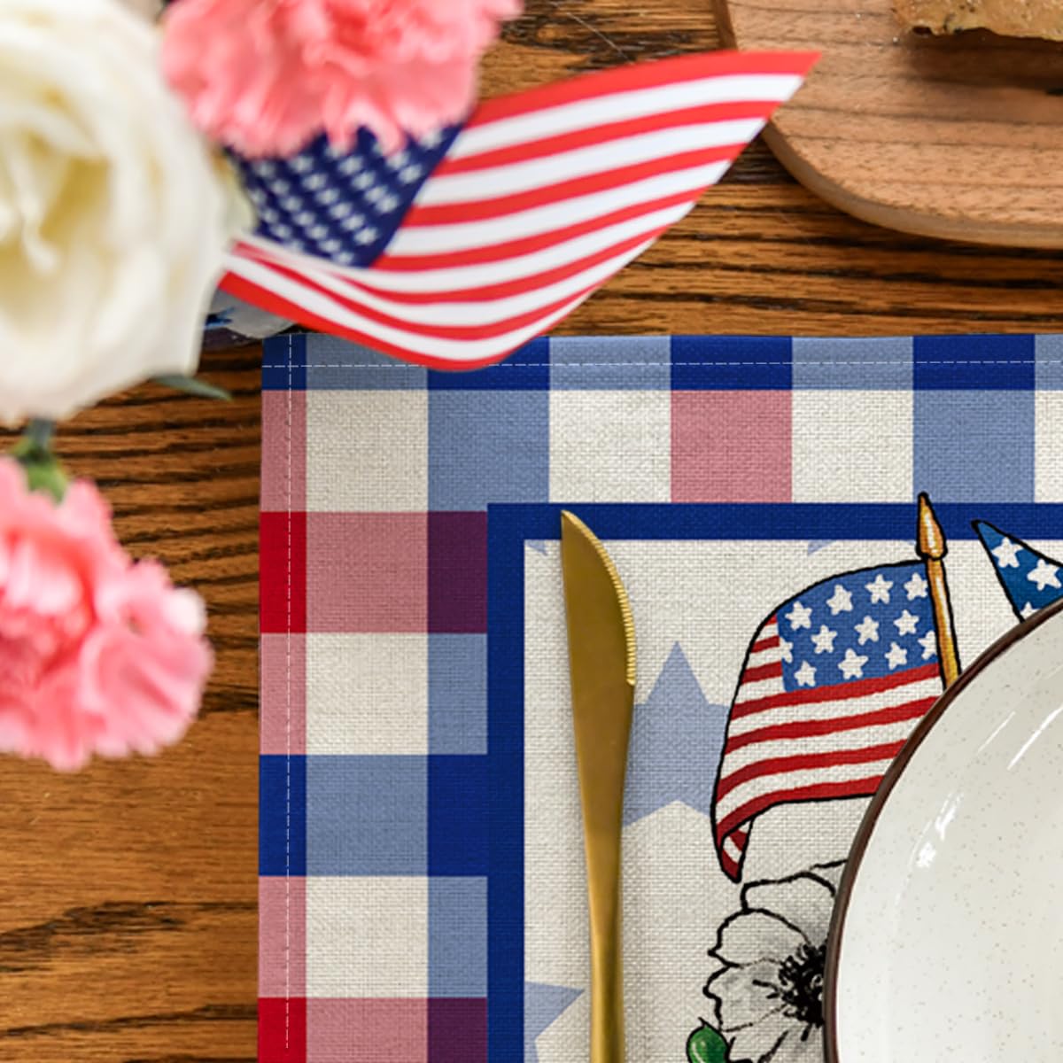 Artoid Mode Buffalo Plaid Vases Flowers 4th of July Placemats Set of 4, 12x18 Inch Seasonal Holiday Table Mats for Party Kitchen Dining Decoration