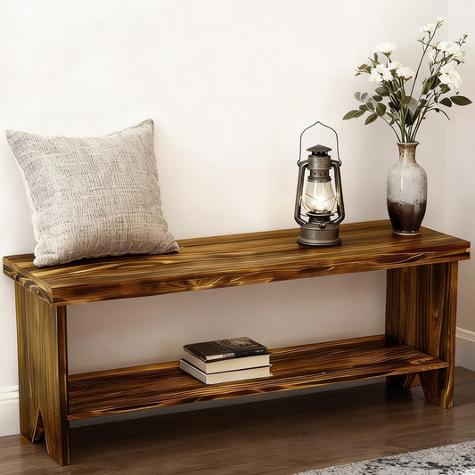 Fridmagfun 43" Solid Wood Farmhouse Bench, Entryway Bench with Storage Shelf, Vintage Long Rustic Indoor Bench for Bedroom, Entryway, Hallway, Dining