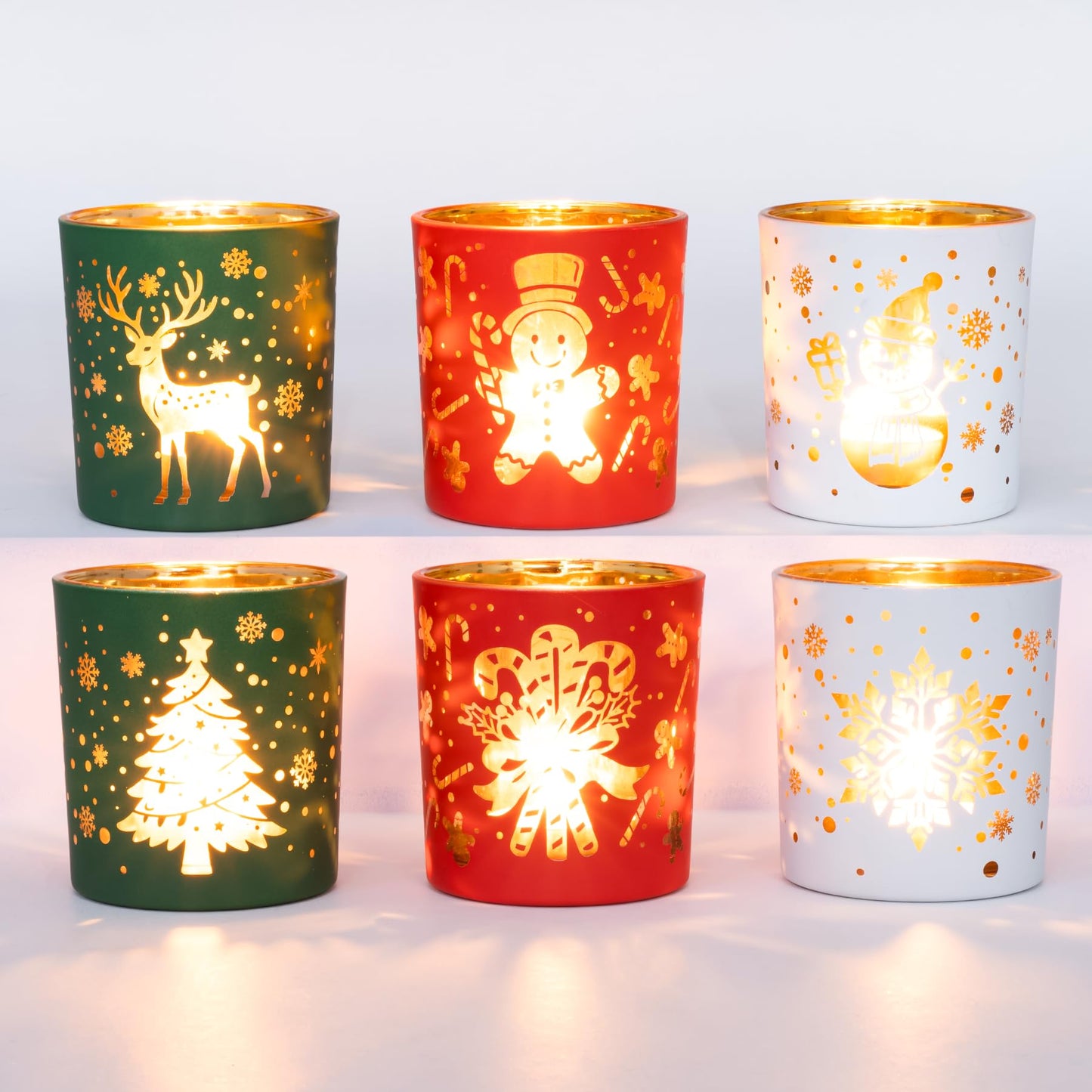 Romcanmy Christmas Votive Candle Holders, Set of 6 Red Green White Glass Candle Holder for Christmas Table Centerpiece, Snowflake Reindeer Xmas Tree Tea Light Holders for New Year Winter Party Decor