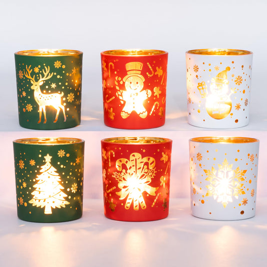 Romcanmy Christmas Votive Candle Holders, Set of 6 Red Green White Glass Candle Holder for Christmas Table Centerpiece, Snowflake Reindeer Xmas Tree Tea Light Holders for New Year Winter Party Decor