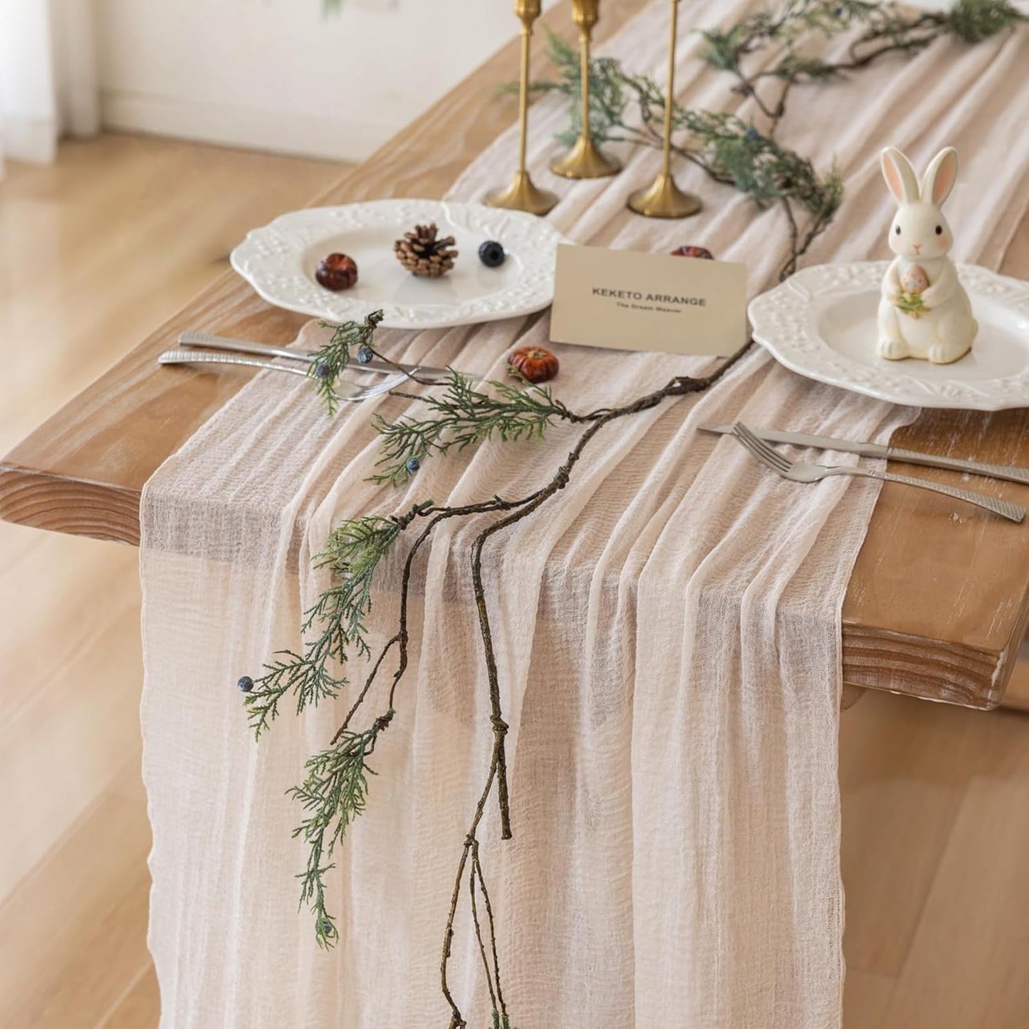 Keketoarrange Beige Spring Cheesecloth Table Runner Gauze Rustic 120 Inch 10 FT for Wedding Baby Shower Bridal Shower Birthday Engagement Garden Party Long Sheer Boho Home Decorations