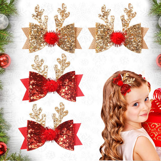 Ulfanit Christmas Hair Clips, Red Gold Sequined Bow Antler Hair Clip Hairpin Xmas Gift, Cute Sparkly Hair Accessories Christmas Costume, New Year, Winter Holiday Celebration, Birthday Party Gift