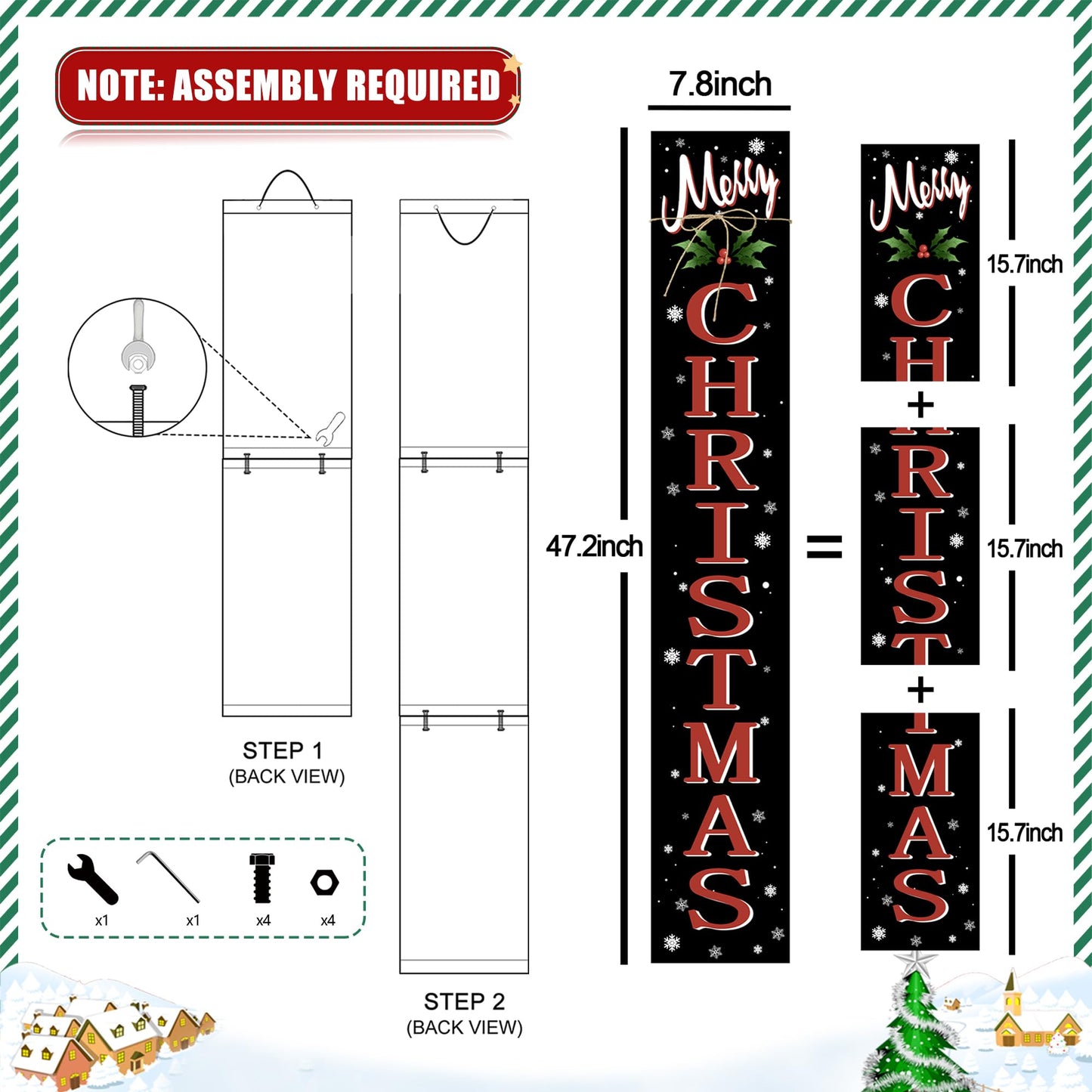 Merry Christmas Welcome Porch Sign Xmas Wooden Door Sign 47'' Large Porch Sign for Home Front Door Yard Party Decor