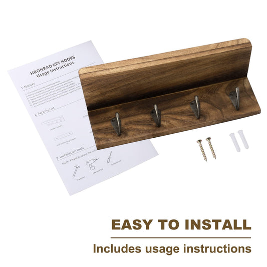 HRONRAD Rustic Key Holder for Wall, Farmhouse Wall Shelf with 4 Hooks, Wall Mounted Key Racks, Wooden Mail Organizer with Hooks for Entryway (Brown)