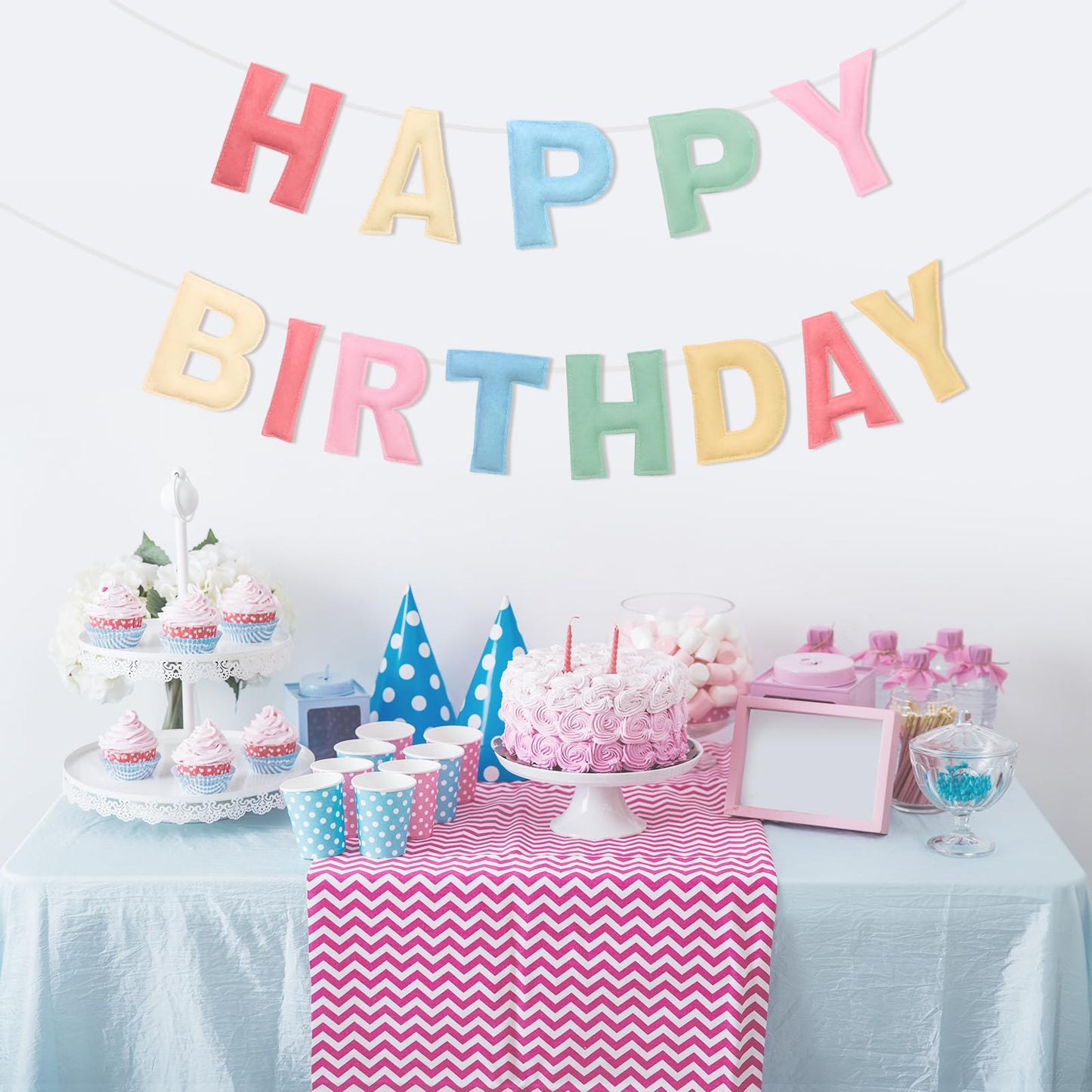 Felt Happy Birthday Banner, Pre-Strung 3D Birthday Rainbow Garland, Reusable Decorations Sign, Handmade Felt Banner for Women Girl, Party Decor, Photo Prop, Macaron