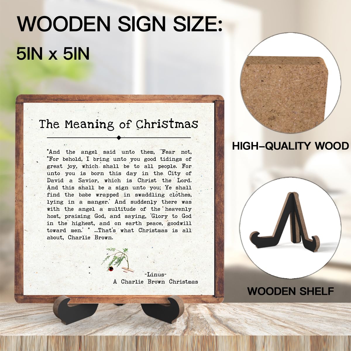 Christmas Quote Wooden Plaque Sign With Stand - Desk Decor for Farmhouse Home Office Table Shelf (5x5 IN)