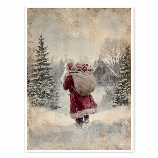 Santa Claus Wall Art – Vintage Christmas Poster, Winter Forest Snow Scene Canvas Print, Rustic Holiday Wall Decor for Seasonal Home Decoration 8x12in Unframed