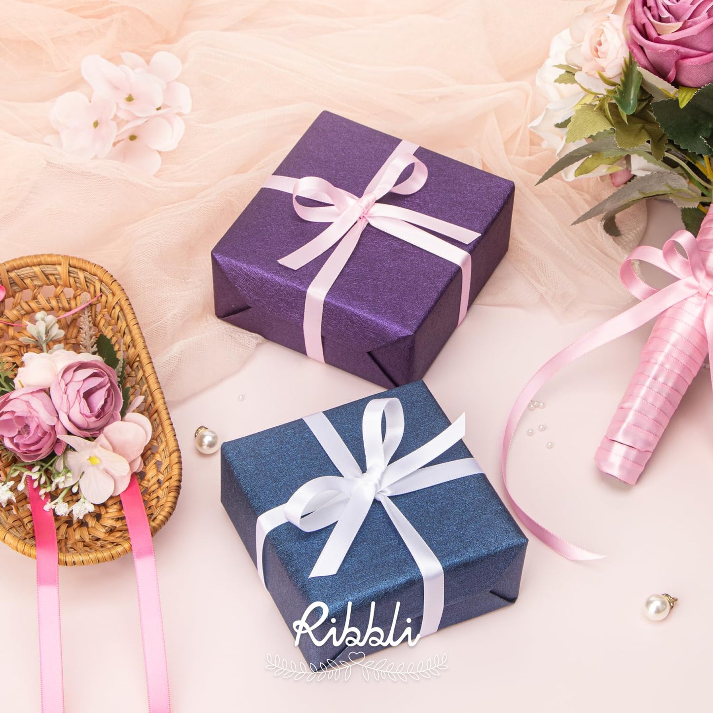 Ribbli Double Faced White Satin Ribbon,3/8” x Continuous 25 Yards,Fabric Ribbon use for Bows Bouquet,Gift Wrapping,Floral Arrangement