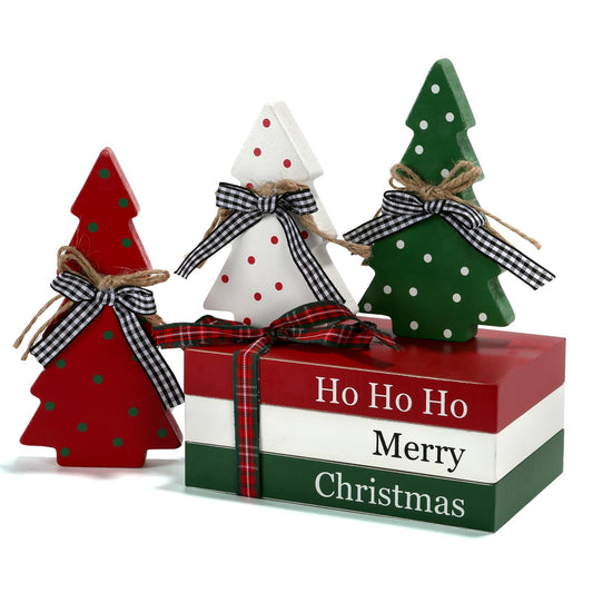 Christmas Decoration 6PCS Table Centerpieces, Tabletop Christmas Decor for Tiered Tray Shelf Mantel Fireplace Coffee Bar Office Desk Farmhouse Xmas Holiday Decoration Wood Faux Book and Tree Sign