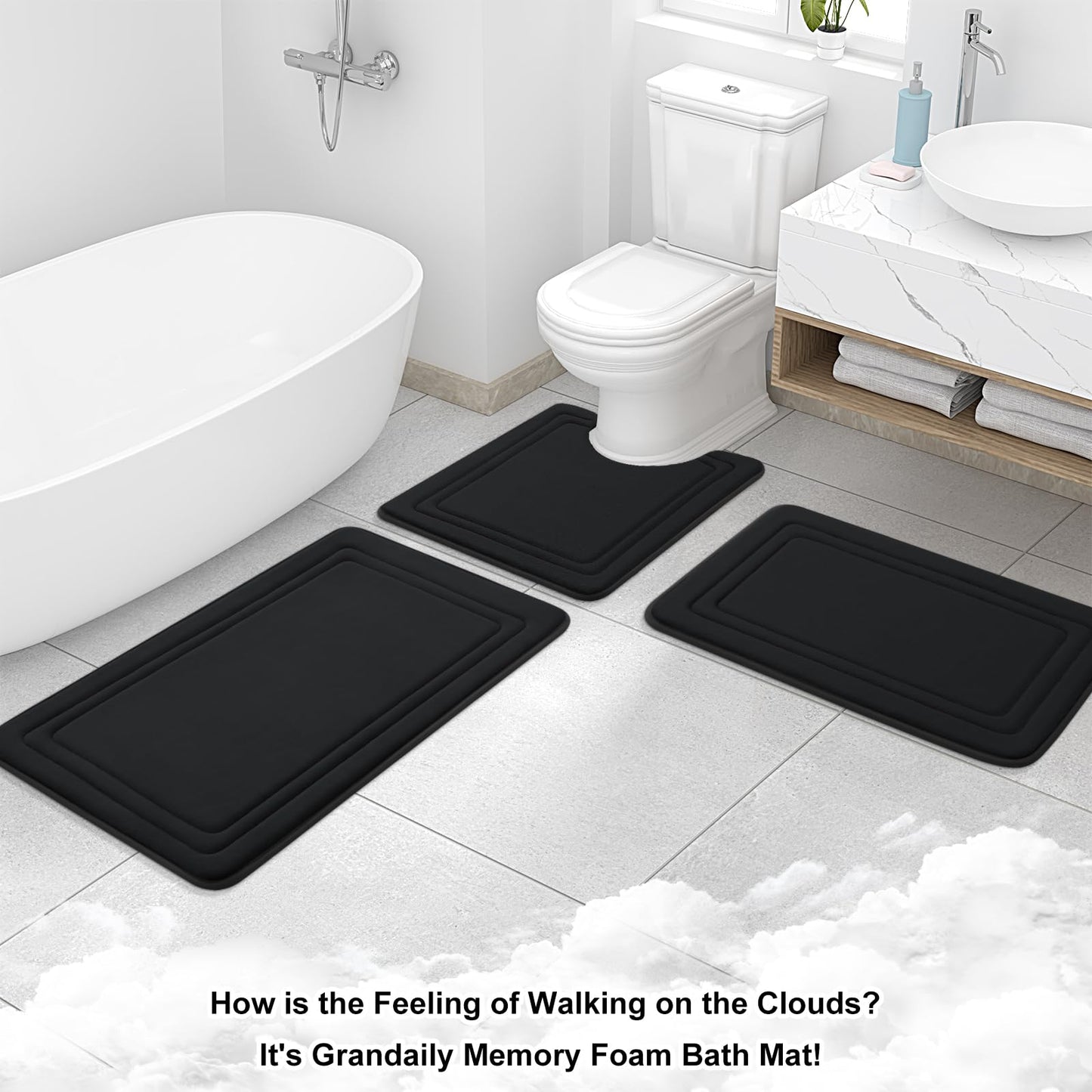 Grandaily Memory Foam Bath Mat Rug 30x20, Ultra Soft, Non-Slip and Absorbent Bathroom Rugs, Machine Wash Dry, Comfortable Bath Carpet for Bathroom Floor, Tub and Shower, Black
