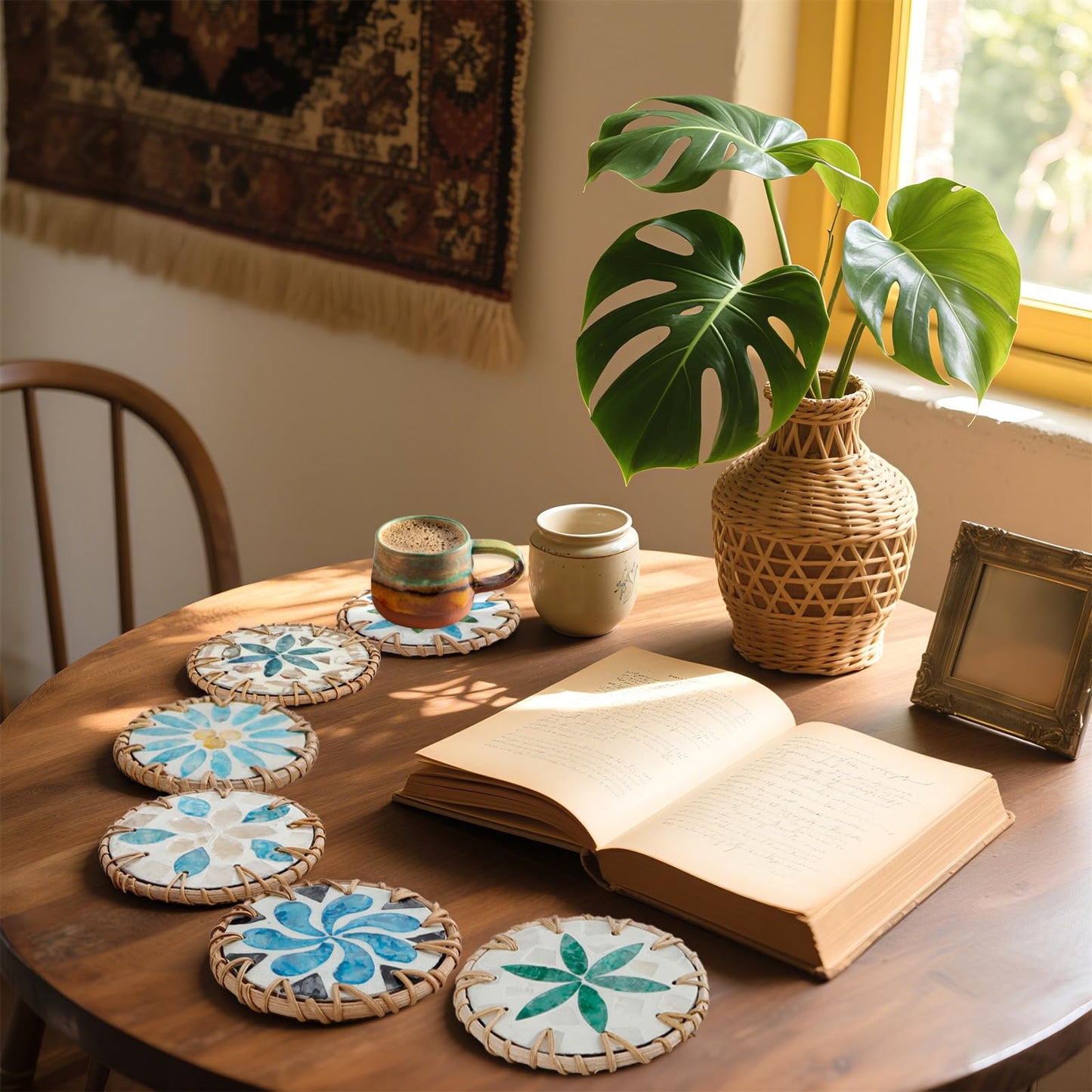 HAIJSEVR Coasters Set of 6, Boho Rattan and Mother of Pearl Unique Drink Coasters for Coffee Table, Ideas Handmade Aesthetic Home Wall Decor House Warming Gift for New Home