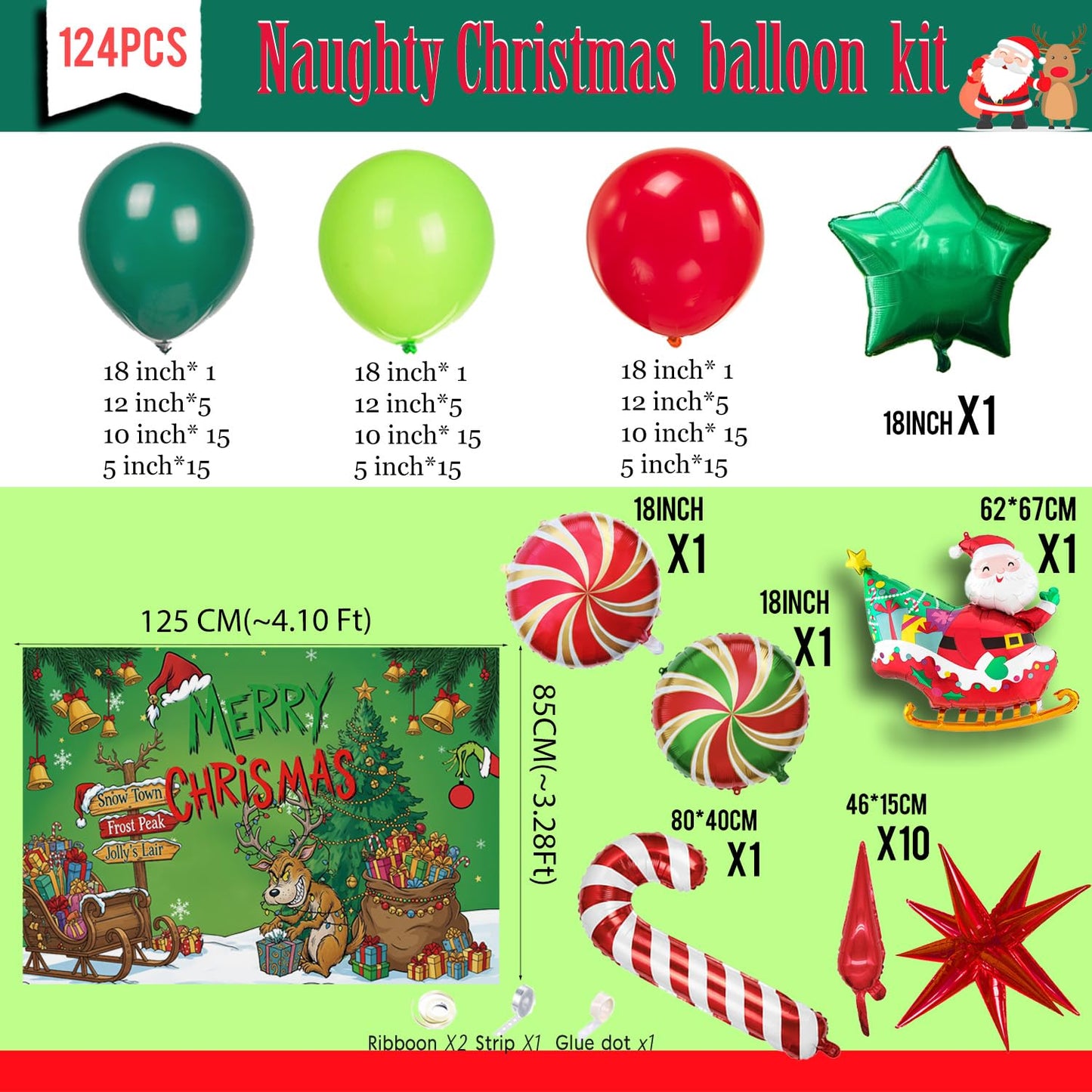 Christmas Balloon Garland Arch Kit with backdrop Xmas Red Green Balloons Candy Cane Santa Claus Star Foil Balloons for Christmas New Year Birthday Party Decorations