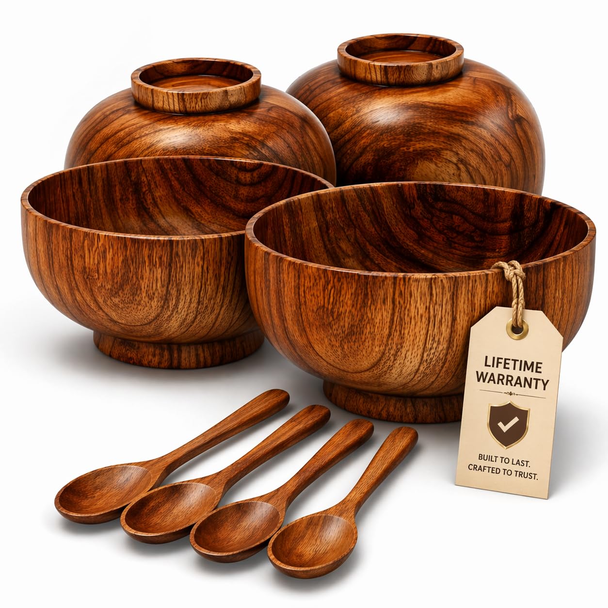 Komokey Wooden Bowl and Spoon Set of 4 - Japanese Style Natural Wood Soup Rice Salad Bowls with Spoons, Eco-Friendly Handcrafted Tableware, Housewarming Kitchen Gift