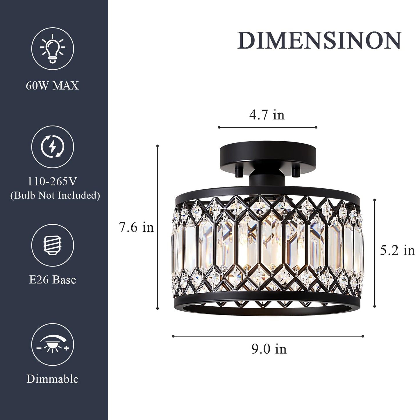 Pevfah Crystal Black Ceiling Light, Modern Semi Flush Mount Ceiling Lighting Fixture, Round Hallway Lighting Fixtures for Kitchen Entryway Bedroom Laundry Room, 1-Light, 9 Inch