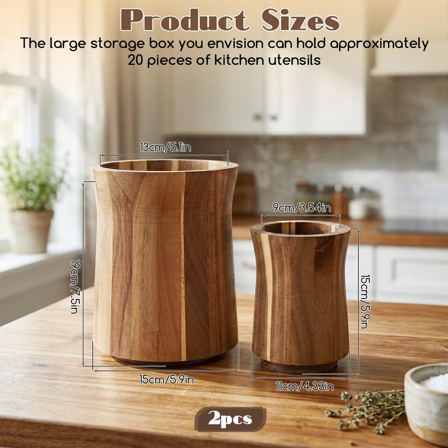 KongTiva 2 Pcs Wooden Utensil Holder for Kitchen Counter, 360° Rotating Kitchen Utensil Holder 7.3" & 6" Large Cooking Utensil Crocks for Countertop Spatula Storage Farmhouse Kitchen Decor