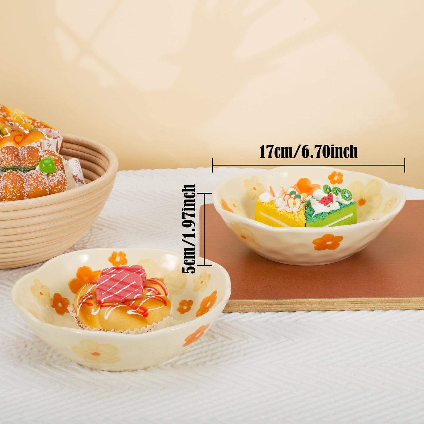 Koythin Salad Bowls, Cute Orange Flower Ceramic Bowls, Cream Yellow Serving Bowl for Pasta, Cereal, Fruit, Soup, Rice, Dishwasher and Microwave Safe (Orange Flower Set of 1)