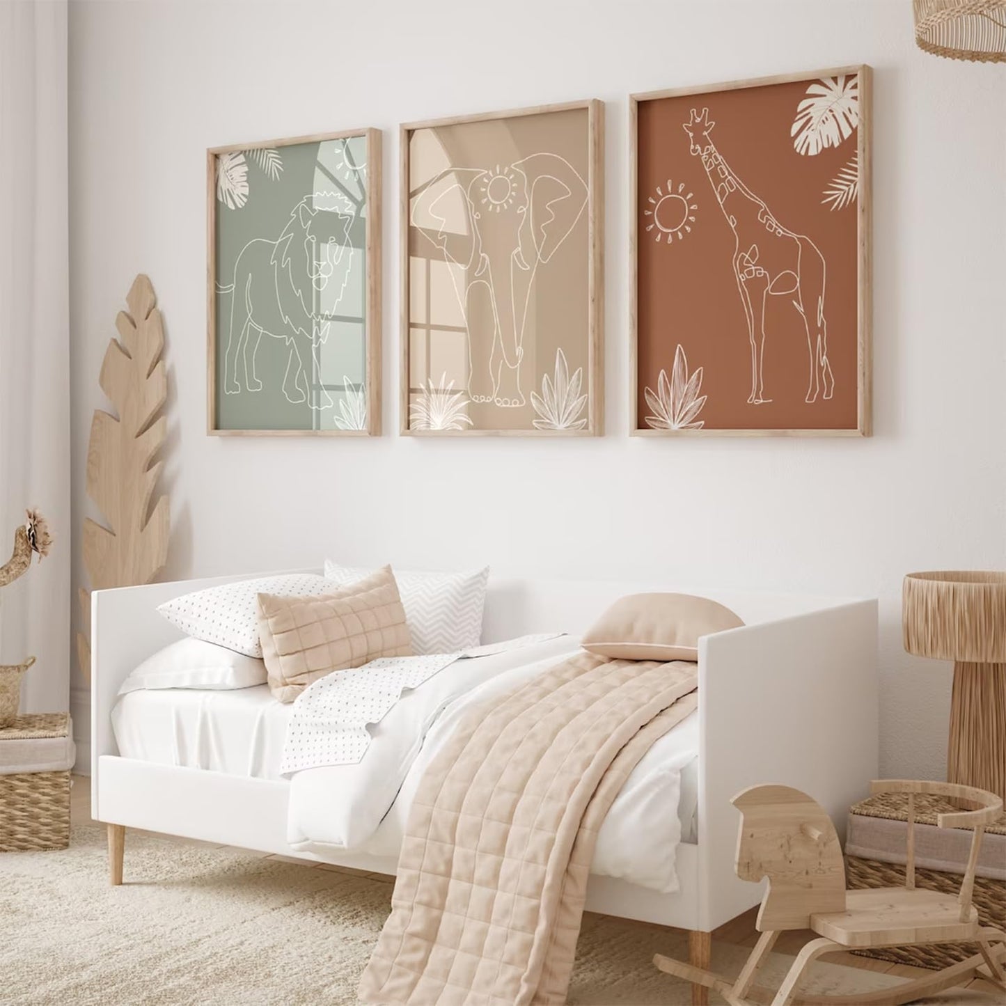 Safari Nursery Wall Art Pictures Baby Animal Canvas Wall Decor Boho Jungle Wall Art Kids Minimalist Poster Elephant Giraffe Lion Prints Nursery Safari Artwork for Bedroom 12x16 Inch Unframed Set of 3