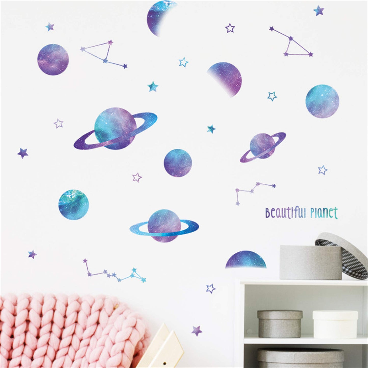 ROFARSO Beautiful Blue Planets Wall Stickers Outer Space Stars Constellation DIY Vinyl Removable Large Wall Decals Art Decorations Decor for Kids Boys Bedroom Living Room Playing Room Murals