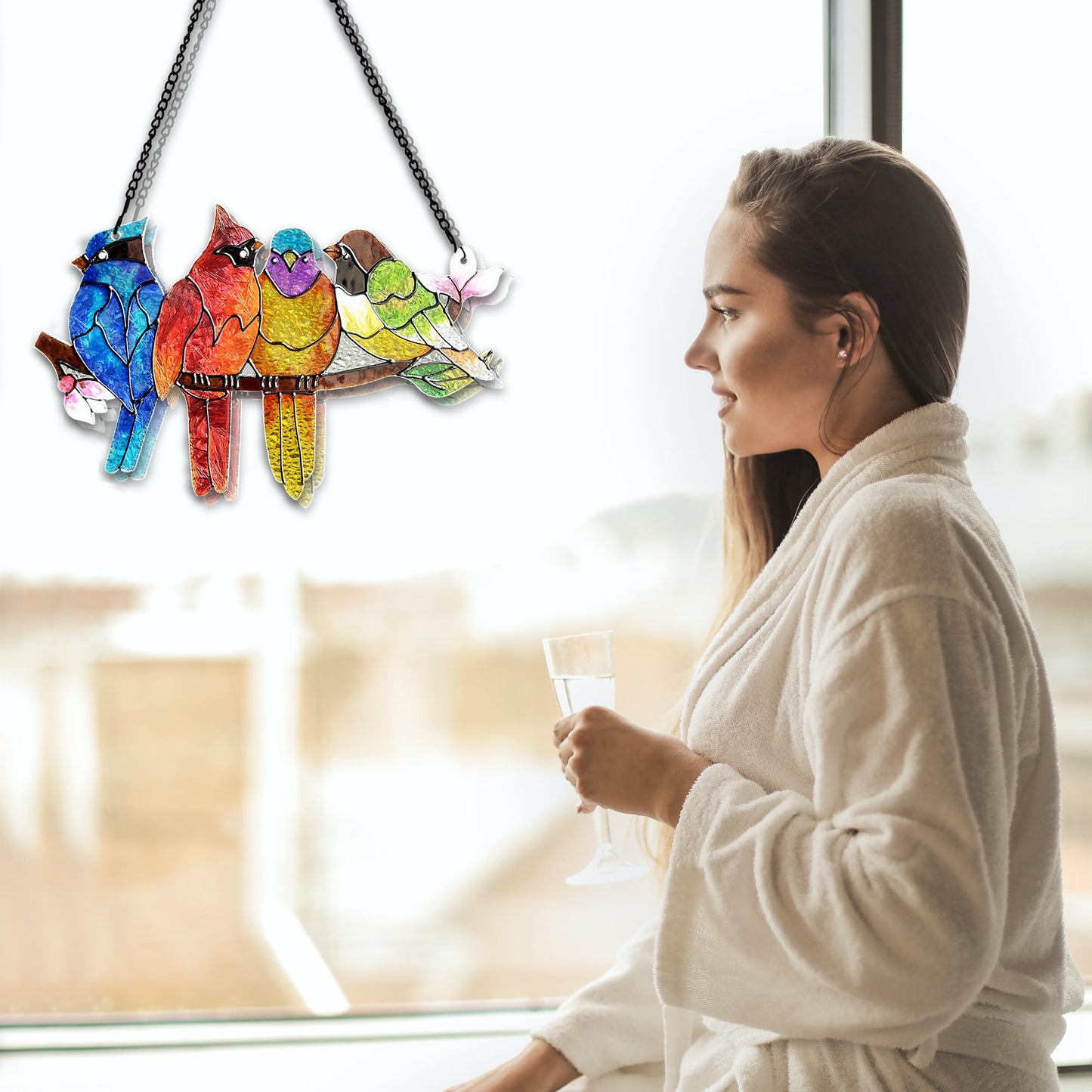 DASTOLL Stained Glass Window Hanging - Birds on A Branch Suncatcher for Window Doors Home Decoration, Valentine's Day Mother's Day Birthday Bird Lover Gifts for Women, Men, and Mom Grandma