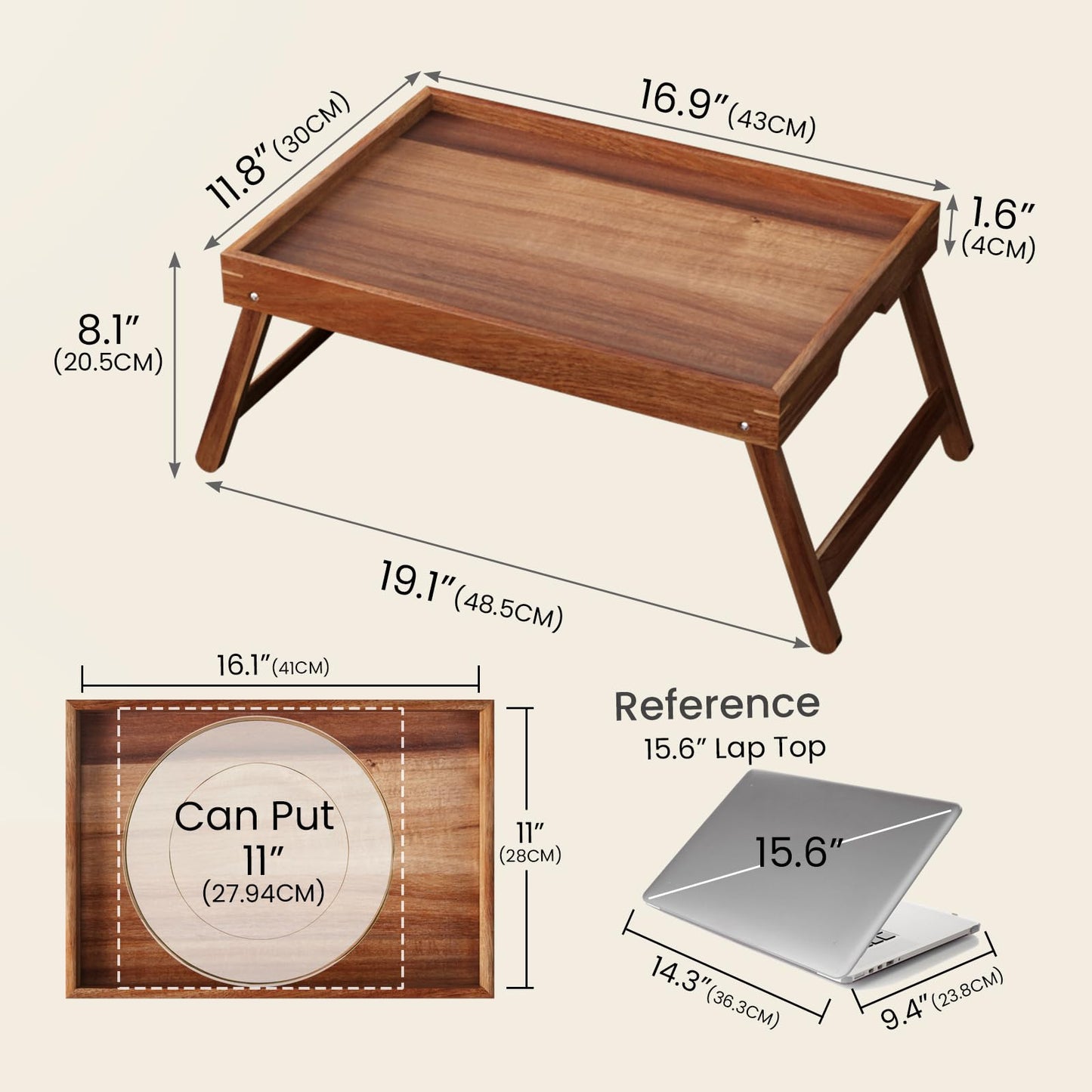 Fibogollo Acacia Wood Bed Tray Table with Folding Legs,Breakfast Trays with Built-in Handles,Serving Tray for Food and Snack,Laptop Trays for Working