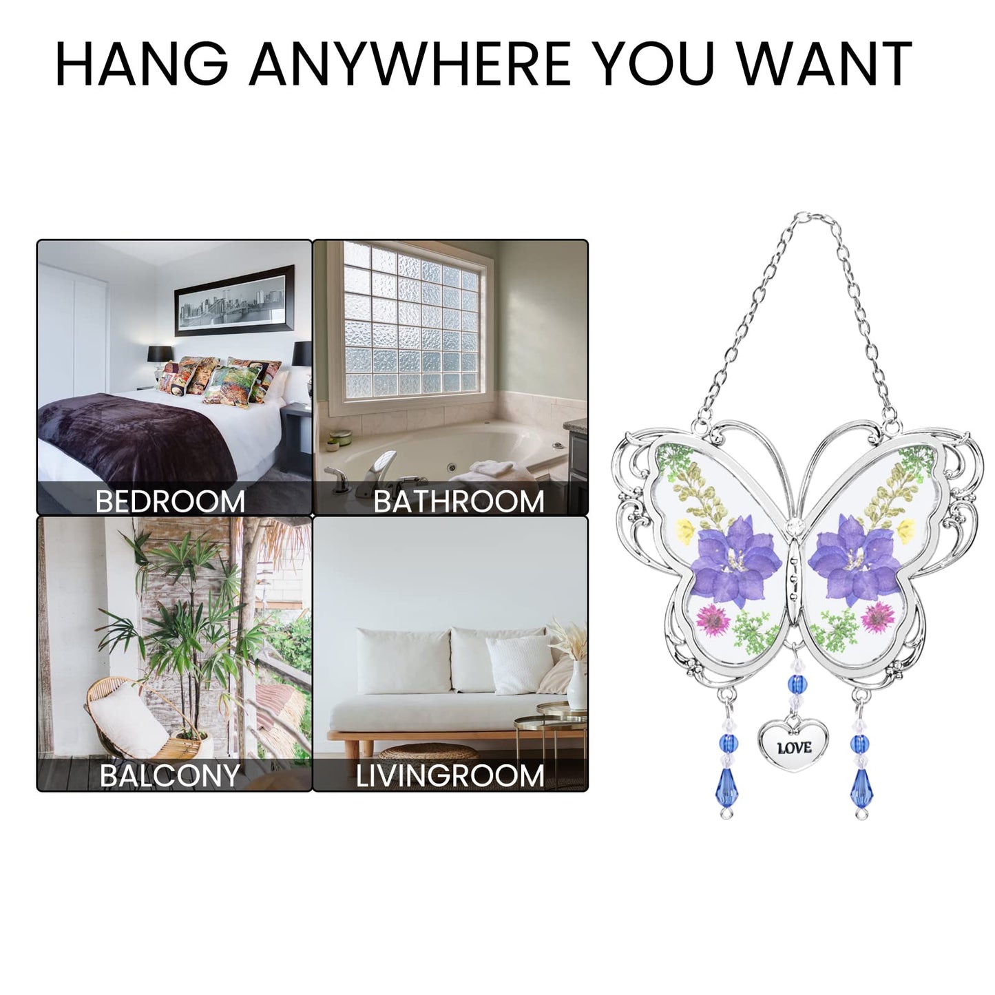 BOGDAN Crystal Butterfly Suncatcher with Pressed Flower Wings Mom Mother's Day Butterfly Glass Wind Chime Ornament Charm with Metal Heart Happy Birthday Gifts for Mom Grandma with Free Hook (Love)