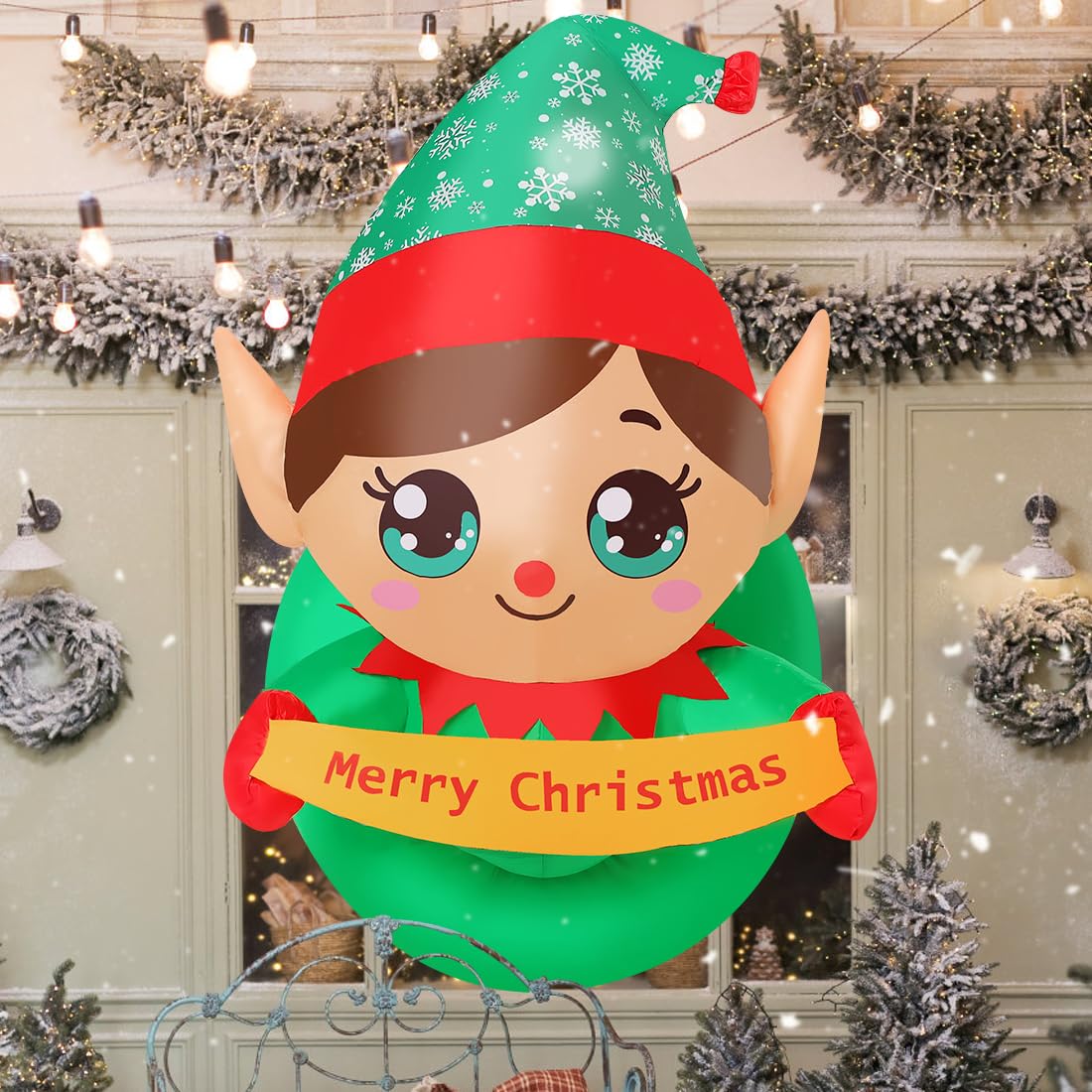 GOOSH 3.4 FT Christmas Inflatable Elf Outdoor Decorations Out from Window Blow Up Yard with Elf Merry Christmas Decoration Built-in LEDs for Holiday Xmas Garden Lawn Indoor Party Decor