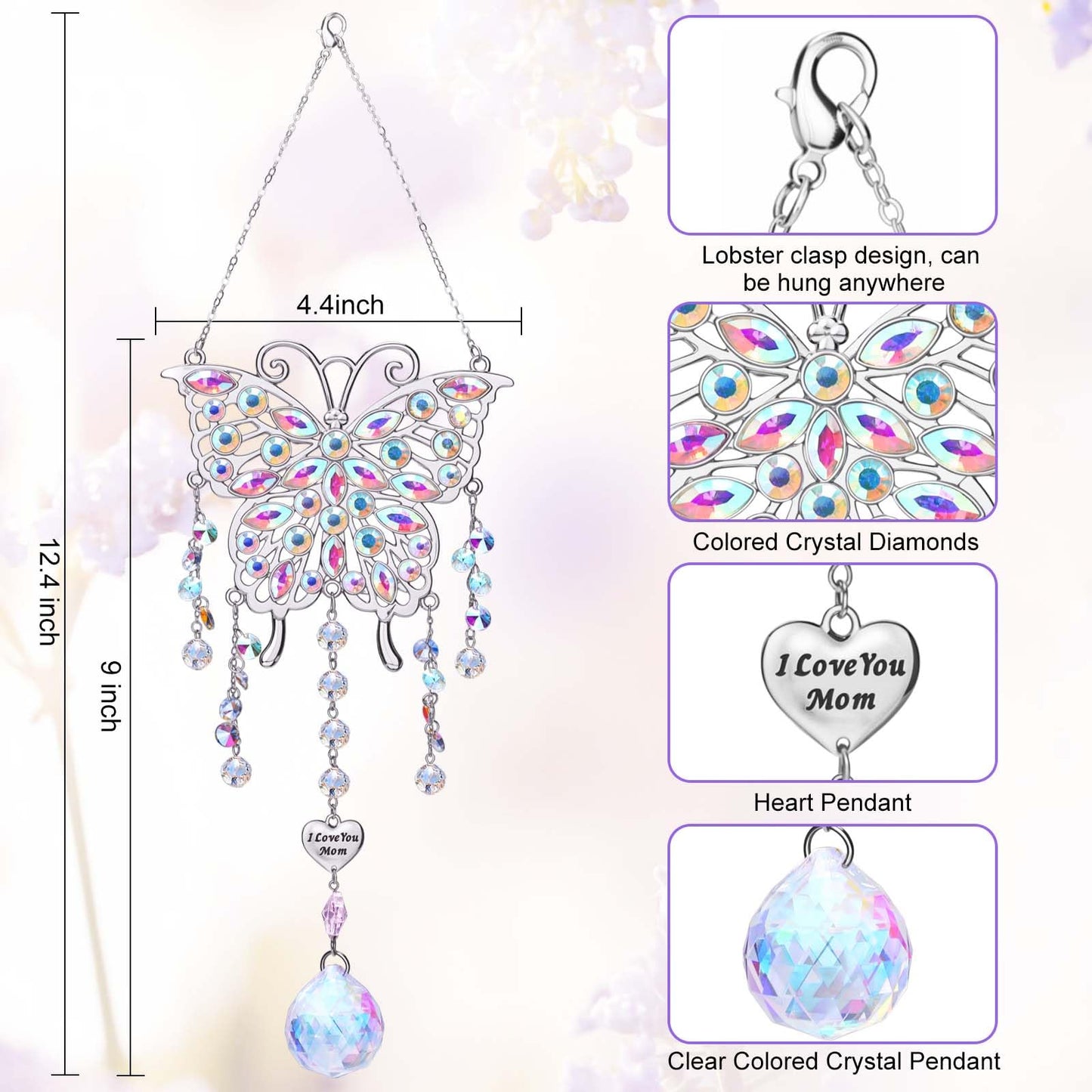 Mother's Day Butterfly Gifts for Mom, Rhinestones Crystal Butterfly Suncatcher Hanging Ornament Window Decor for Garden House, Unique Birthday Gifts for Her Mother-in-Law