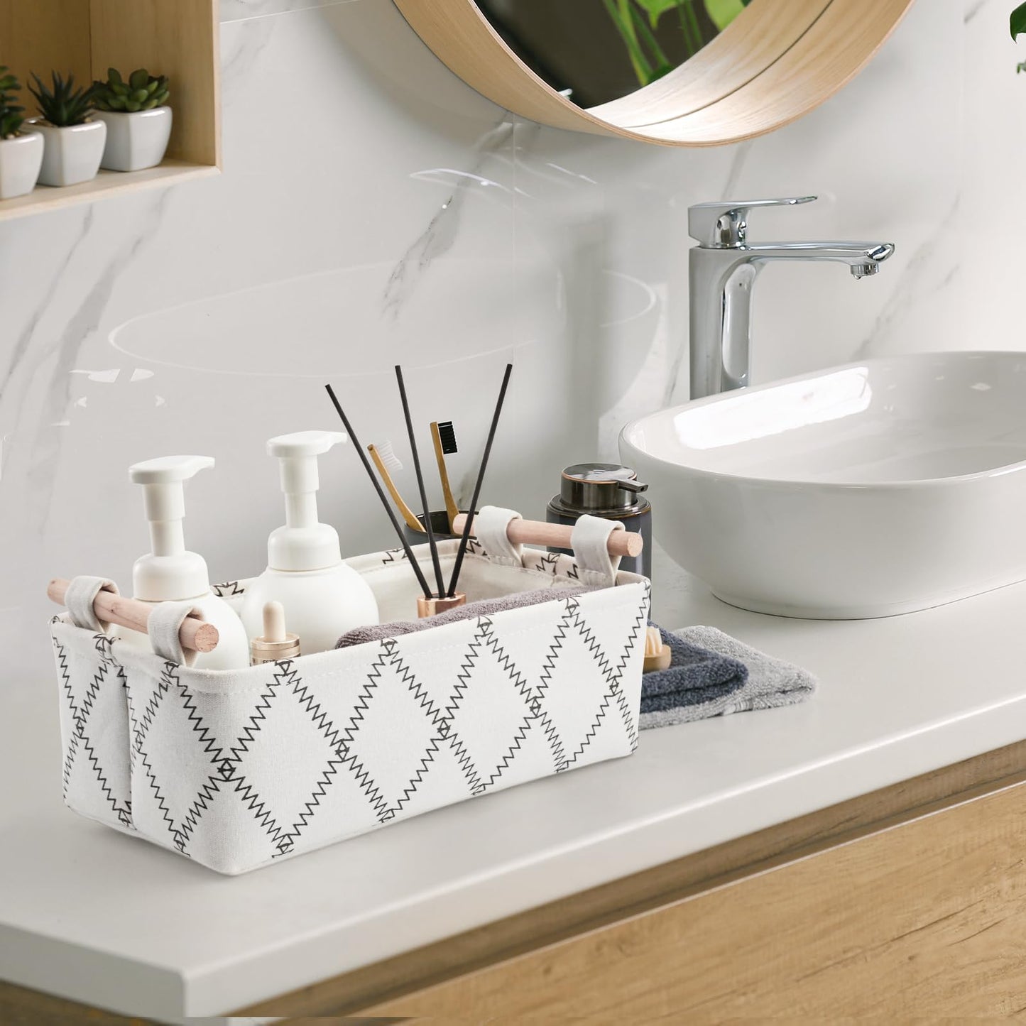 Toilet Tank Basket for Bathroom Storage - Holds 2-4 Toilet Paper Rolls, Small Decorative Basket with Wood Handles, Collapsible Organizer for Countertop, Shelf, Boho Home Décor, 12.5"x7"x4.5", White