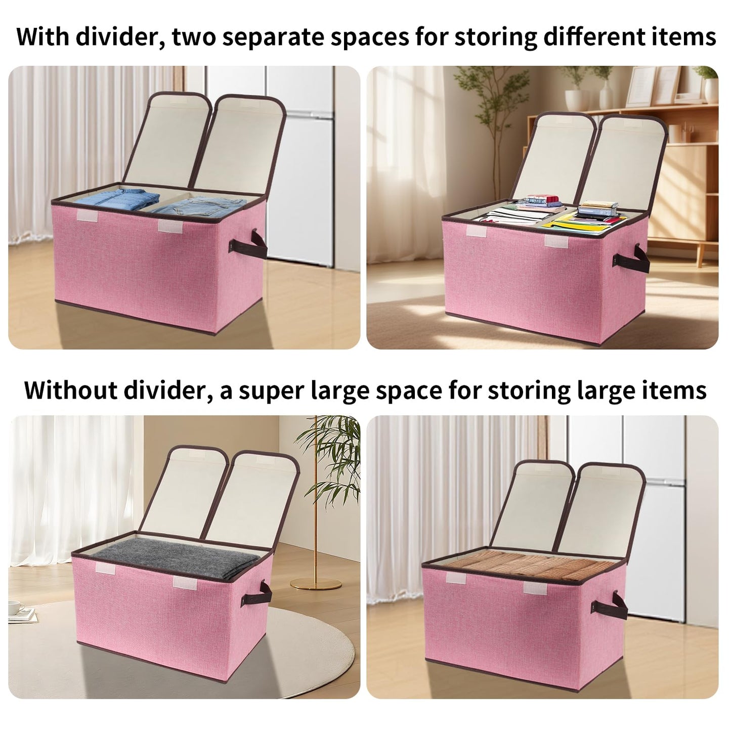 Tcbelosion Foldable Fabric Storage Box, 16.5 x 11.8 x 9.8 inches (L x W x H), with Double-Lid & Dividers, Large Organizer for Home, Closet, Office(Pink)