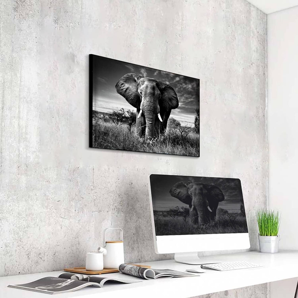 Elephant Black & White Wall Art - Rustic Canvas Painting - African Animal Picture - Natural Artwork for Bathroom & Bedroom Decor - 16x12 Inches