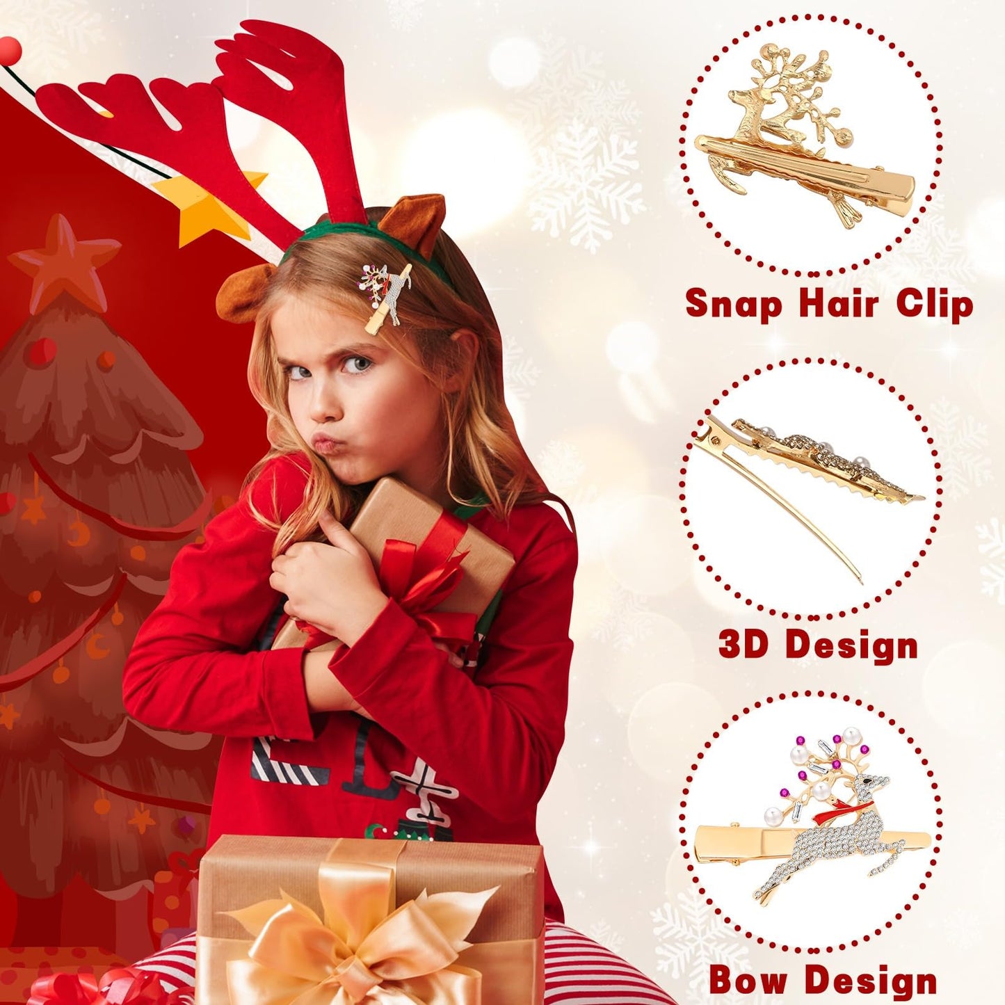 AUGSUN 8Pcs Christmas Rhinestone Hair Clips Barrettes Xmas Crystal Peppermint Snowflake Wreath Reindeer Bell Hairpins Festive Costume Accessories for Women Christmas Holiday Party Gifts